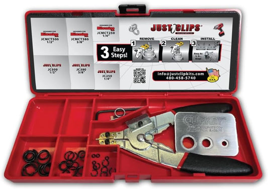 Snap Ring Tool Kit with clips and o-rings, snap ring pliers and the All-New Patented ClipKey. The only Installation Tool that works with 1/4", 3/8" & 1/2" Snap Rings.