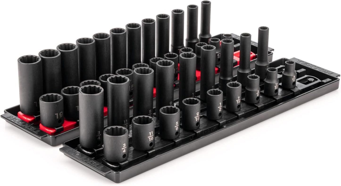 TEKTON 3/8 Inch Drive 12-Point Impact Socket Set with Rails, 68-Piece (1/4-1 in., 6-24 mm) | SID91219