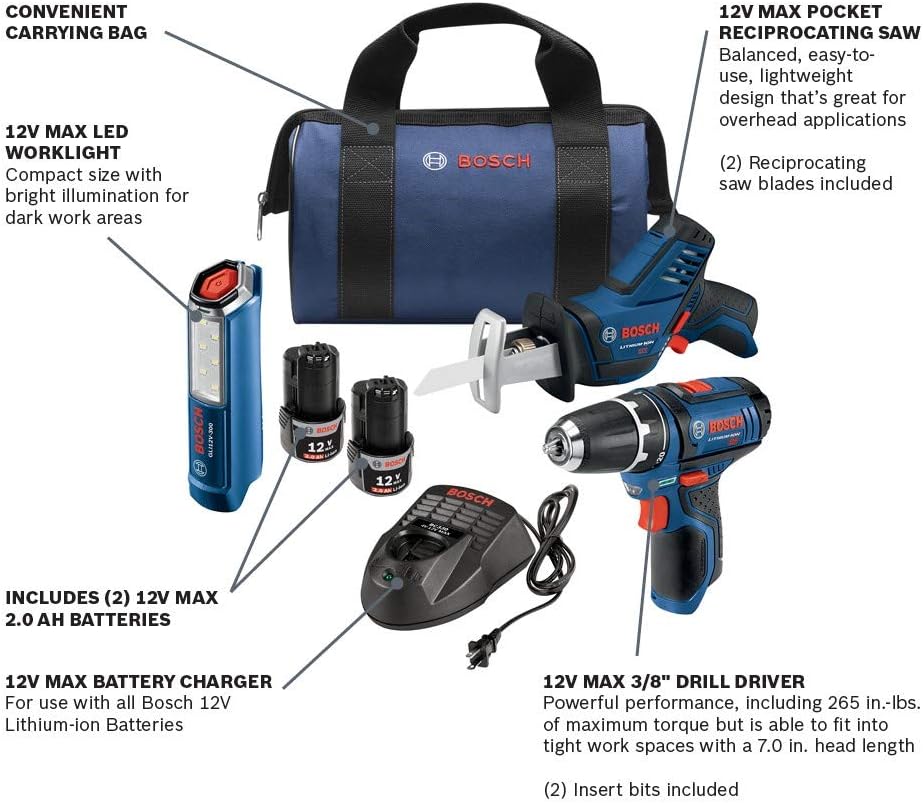 Bosch Power Tools Combo Kit GXL12V-310B22 - 12V Max 3-Tool Set with 3/8 In. Drill/Driver, Pocket Reciprocating Saw and LED Worklight