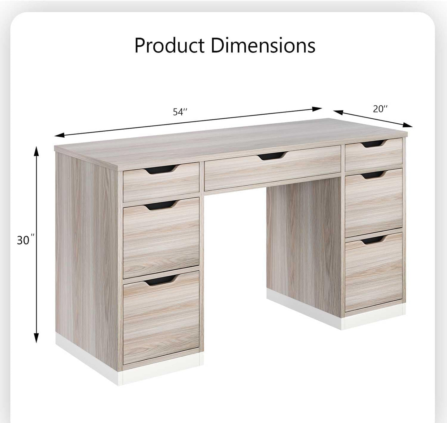 54 Inch Computer Desk with Storage Drawers, Executive Desk with 7 Drawers for Bedroom, Office Desk with File Cabinet for Work Study Writing, Small Spaces, White and Walnut