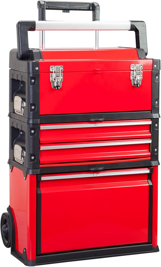 BIG RED Stackable Portable Metal Tool Box Organizer with Wheels and 2 Drawers, Rolling Upright Trolley Tool Chest for Garage or Workshop,Red,ATRJF-C305ABDR
