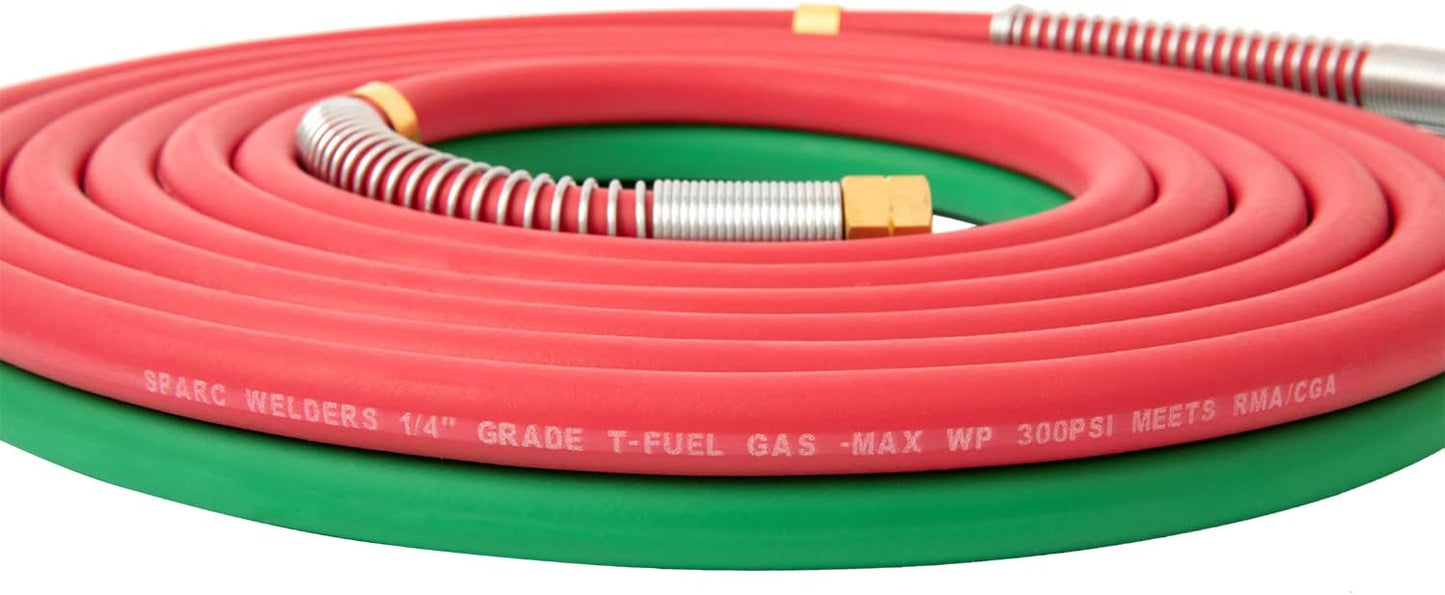 SPARC 1/4" Grade T Cutting Torch Hose - Oxy Acetylene Hose for Welding Gas - B Fittings + Strain Relief Set 1YR USA Warranty (15 Feet)