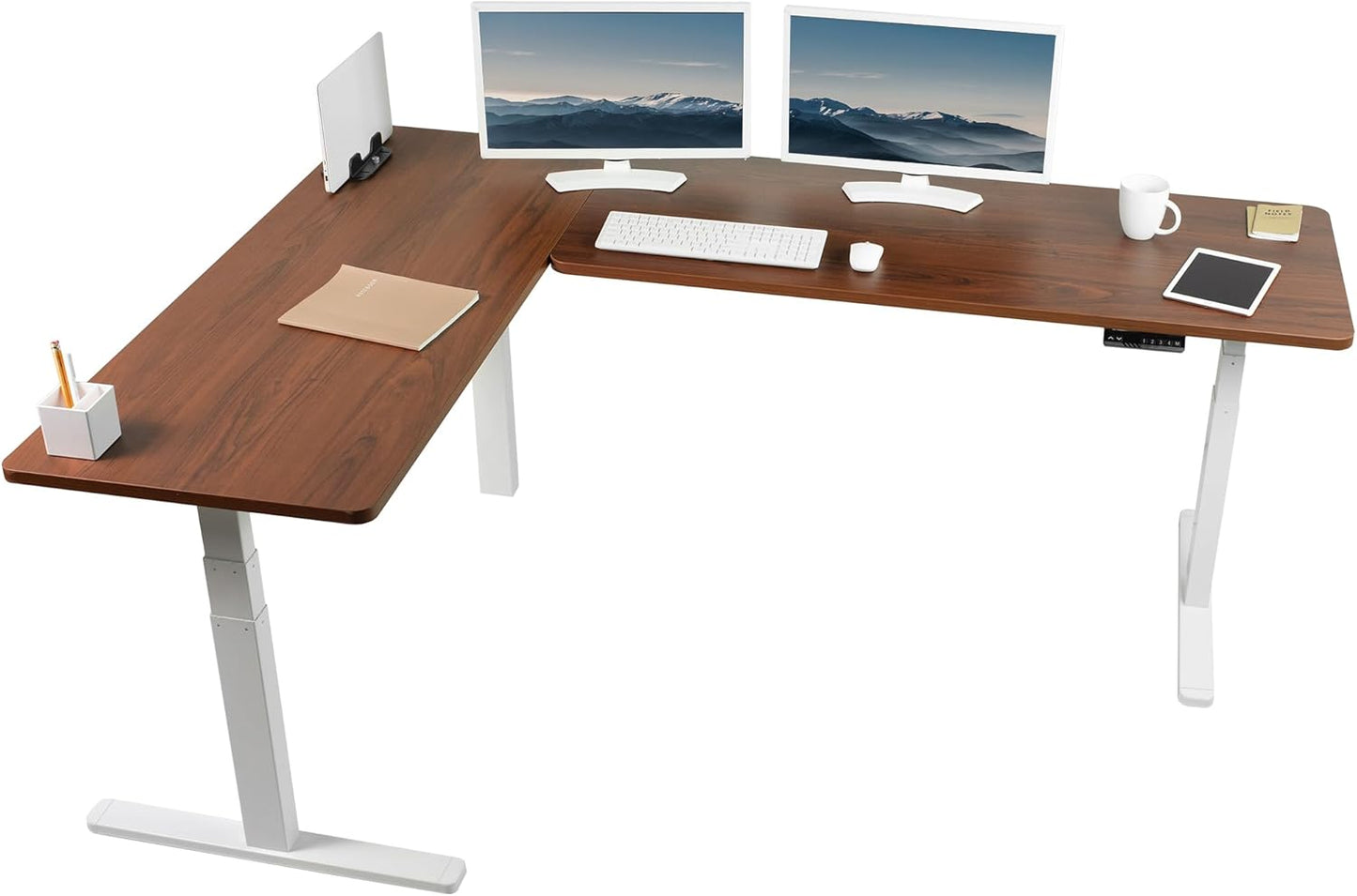 VIVO Electric Height Adjustable 83 x 60 inch Corner Stand Up Desk, 2 Light Wood Solid Table Tops, White Frame, Memory Controller, L-Shaped Workstation, 3E Series, DESK-KIT-3E8C