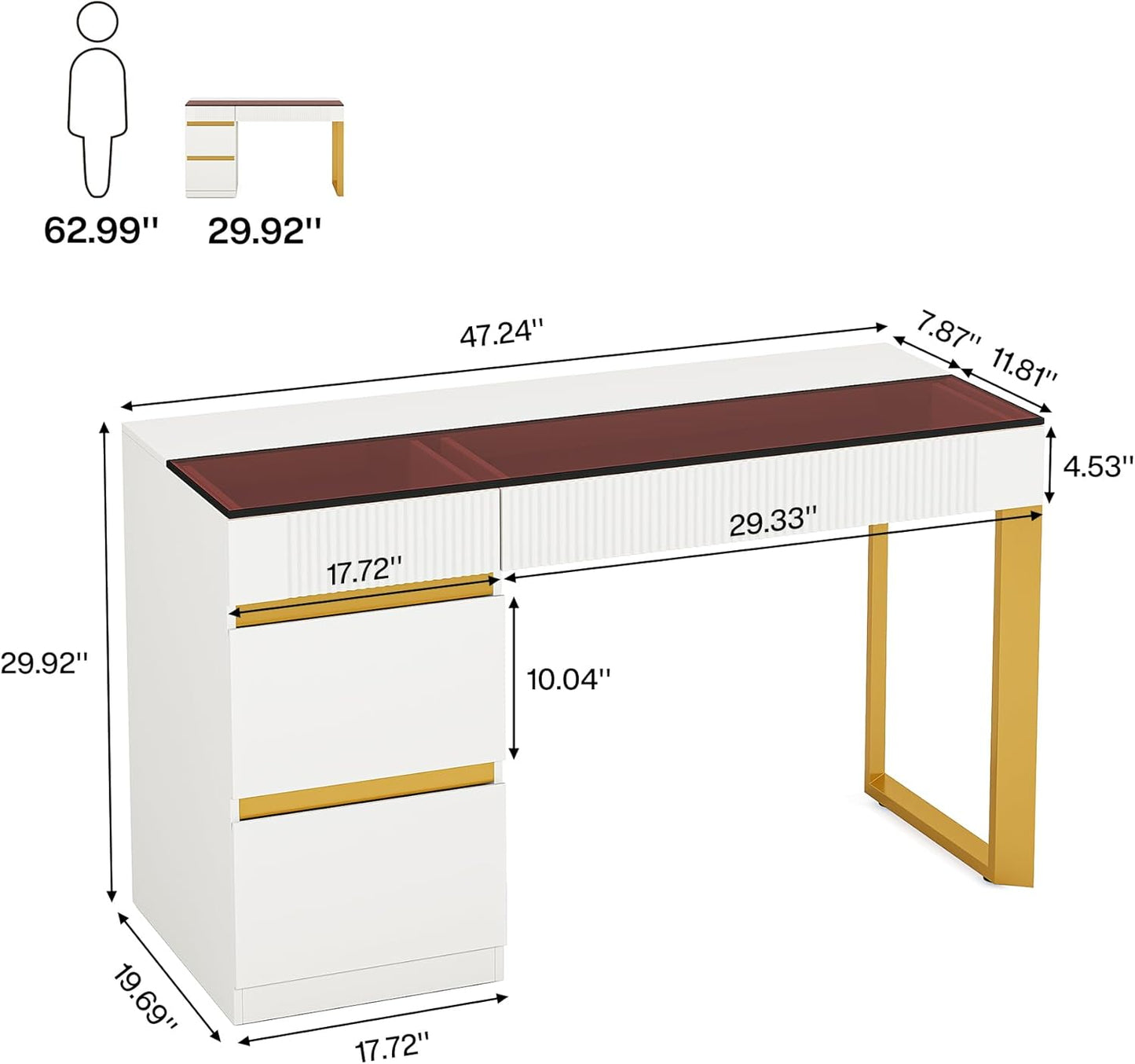 Tribesigns Computer Desk with 4 Drawers, 47 Inch Modern Home Office Desk with Glass Top, White and Gold Writing Workstation Desk with Storage, Makeup Vanity Table for Living Room, Bedroom