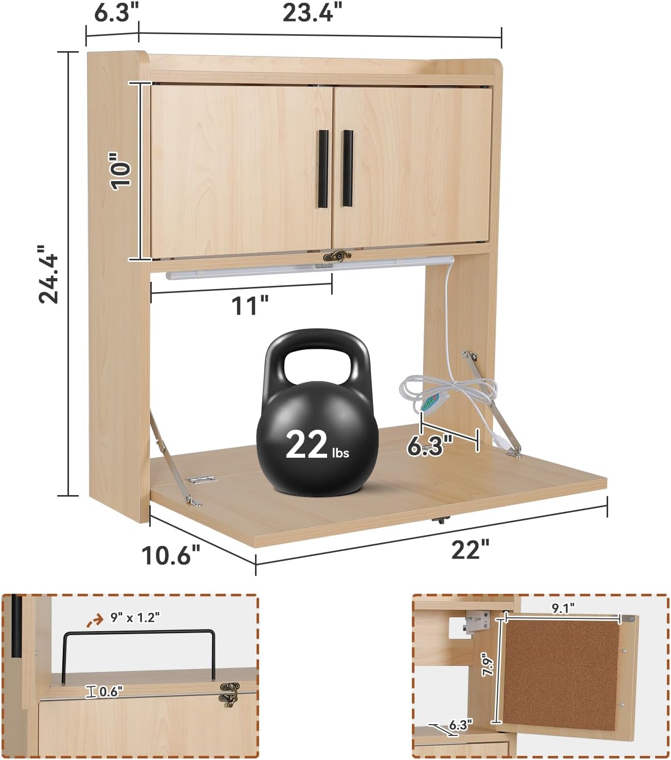 ARTETHYS Wall Mounted Desk with LED Light Multifunctional Fold Down Laptop Computer Table Writing Workstation with Storage Compartments Space Saving for Home Office Wood Color