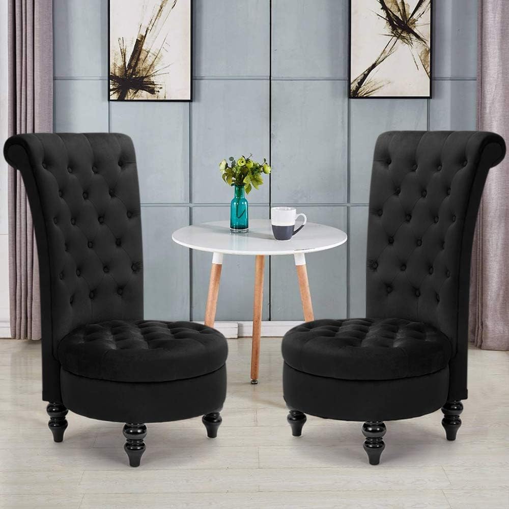 AVAWING Throne Royal Chair Set of 2 for Living Room, Button-Tufted Accent Armless High Back Chair with 24.6 Inch Larger Seat, Thick Padding and Rubberwood Legs, Mysterious Black