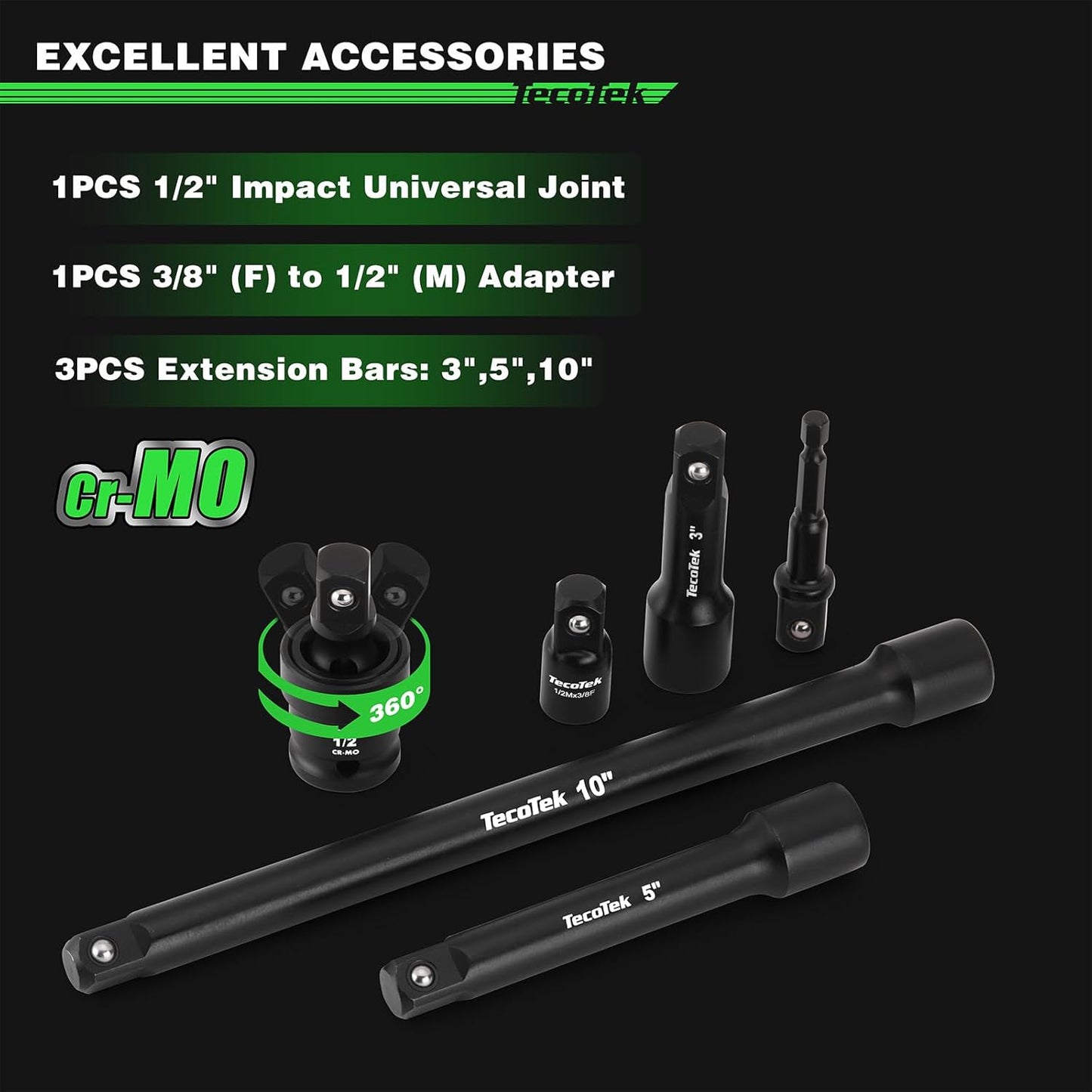 1/2" Drive Deep 12-Point Impact Socket Set, 32-Piece Socket Set, SAE 3/8-1-Inch and Metric 10-24mm Size, Includes Extension Bars, Universal Joint and Adapter, CR-V Steel
