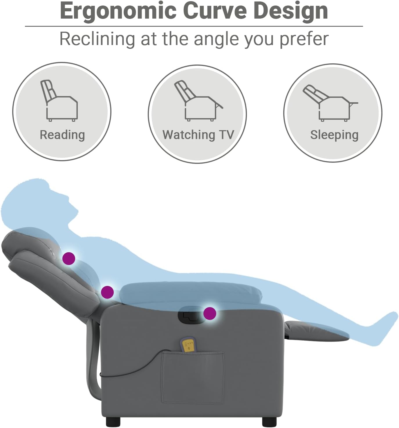 vidaXL Massage Recliner Chair with 6-Point Vibration Massage and Convenient Side Pocket, Grey Leather Rocker, Adjustable Backrest & Footrest Lounge Seat for Living Room, USB Charge Port