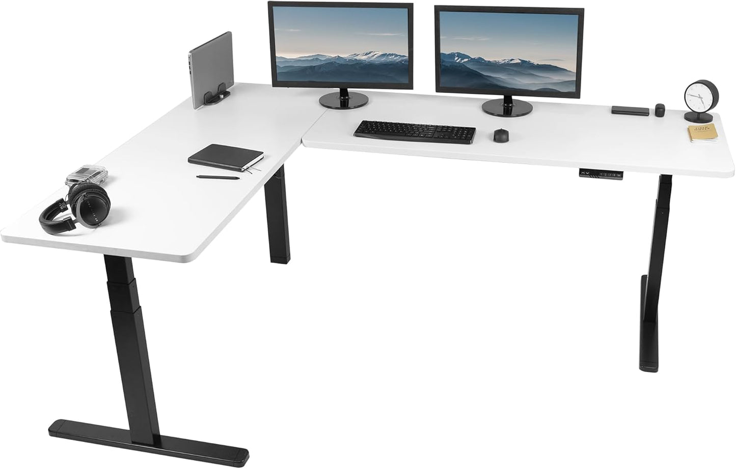 VIVO Electric Height Adjustable 83 x 60 inch Corner Stand Up Desk, 2 Light Wood Solid Table Tops, White Frame, Memory Controller, L-Shaped Workstation, 3E Series, DESK-KIT-3E8C