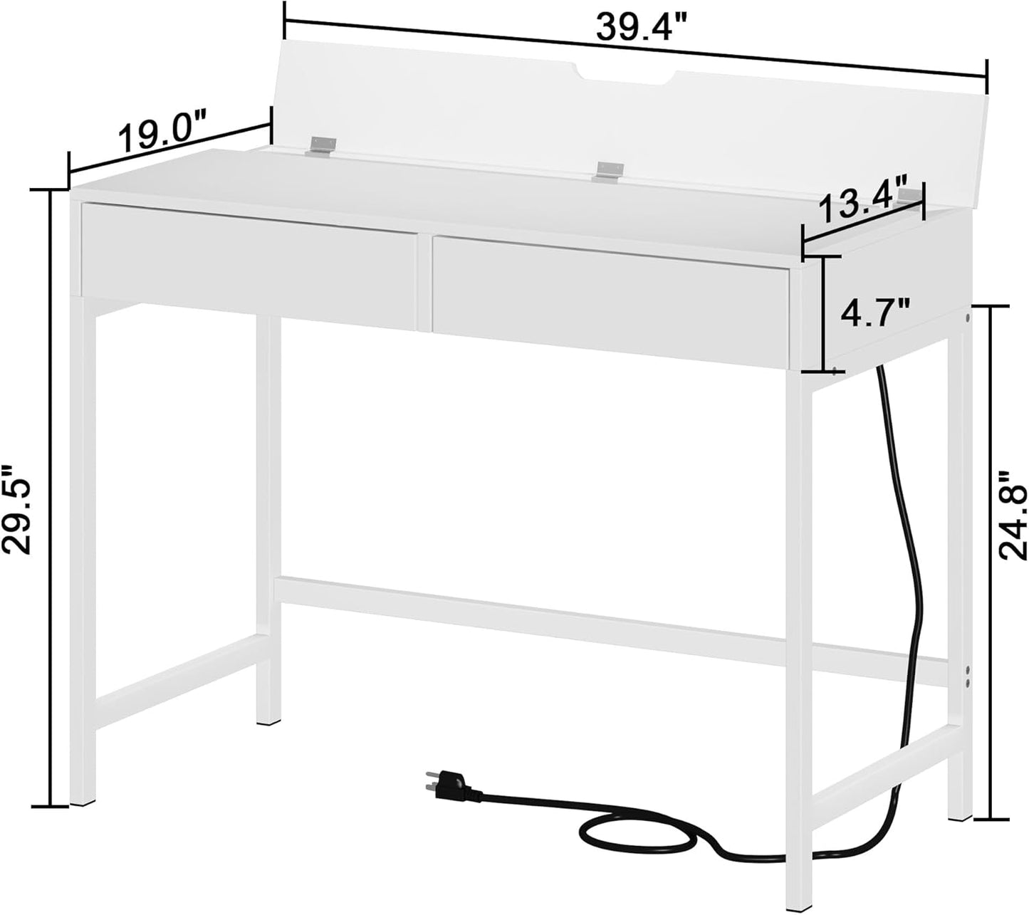 Treocho Computer Desk with USB Charging Ports and Power Outlets, Modern Simple 40 inch White Desk with 2 Drawers, Vanity Desk, Makeup Table for Home Office, Bedroom