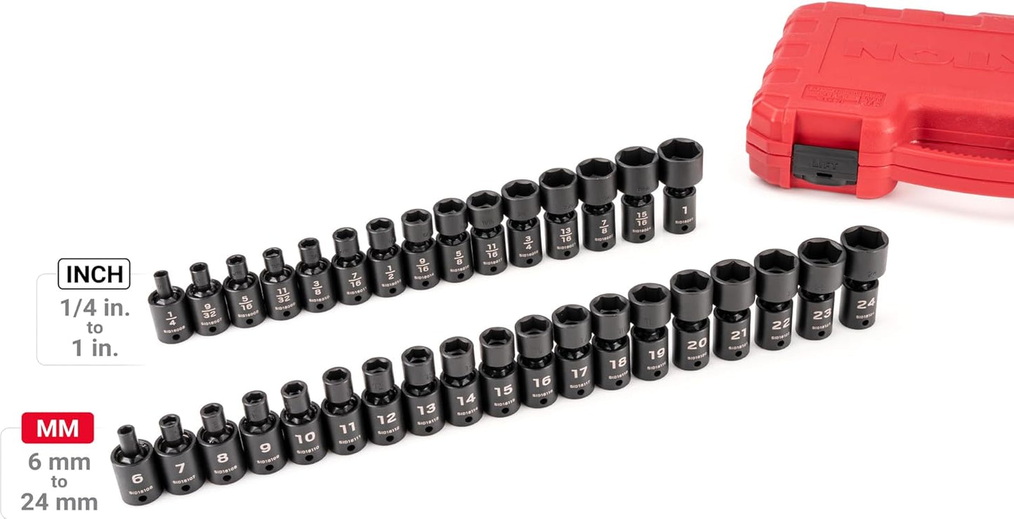 TEKTON 3/8 Inch Drive 6-Point Universal Joint Impact Socket Set with Case, 34-Piece (1/4-1 in., 6-24 mm) | SID97303