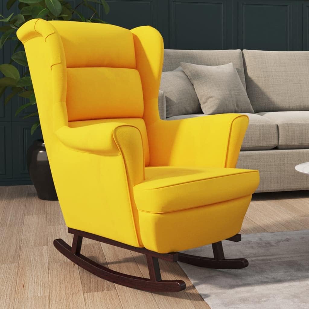 vidaXL Yellow Velvet Rocking Chair with Solid Rubber Wood Legs - Comfortable Seating for Living Room, Lounge Area
