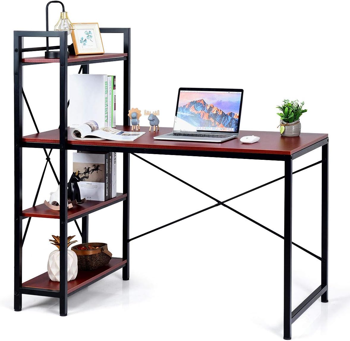 Tangkula Computer Desk with 4 Tier Shelves, Study Writing Table with Storage Bookshelves, Modern Compact Home Office Workstation, 47.5" Tower Desk with Steel Frame & Adjustable Feet Pad, Black