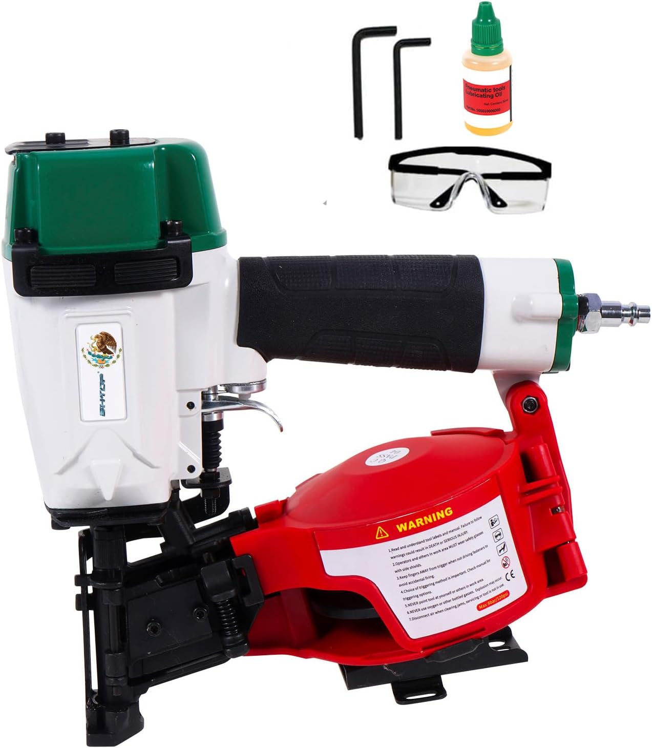 BHTOP Mexican CN45N Roofing Nailer, 15 Degree Roofing Nail Gun, 3/4-Inch to 1-3/4-Inch Coil Nails, 120-pcs Load Capacity Coil Naile (Green/Red)