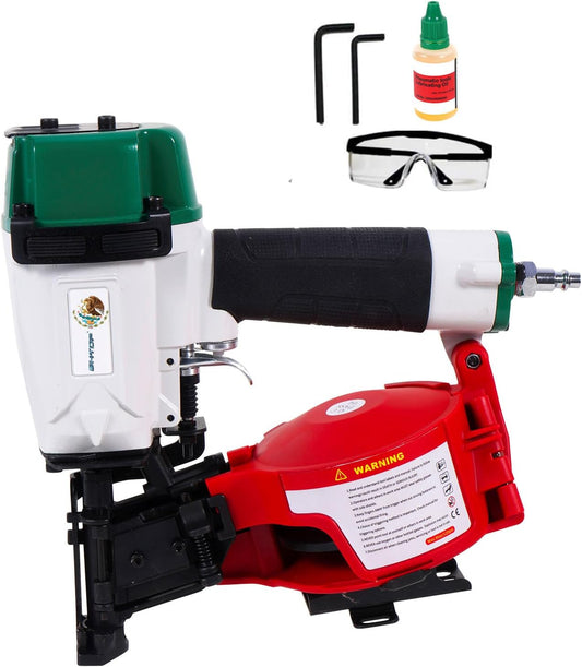 BHTOP Mexican CN45N Roofing Nailer, 15 Degree Roofing Nail Gun, 3/4-Inch to 1-3/4-Inch Coil Nails, 120-pcs Load Capacity Coil Naile (Green/Red)