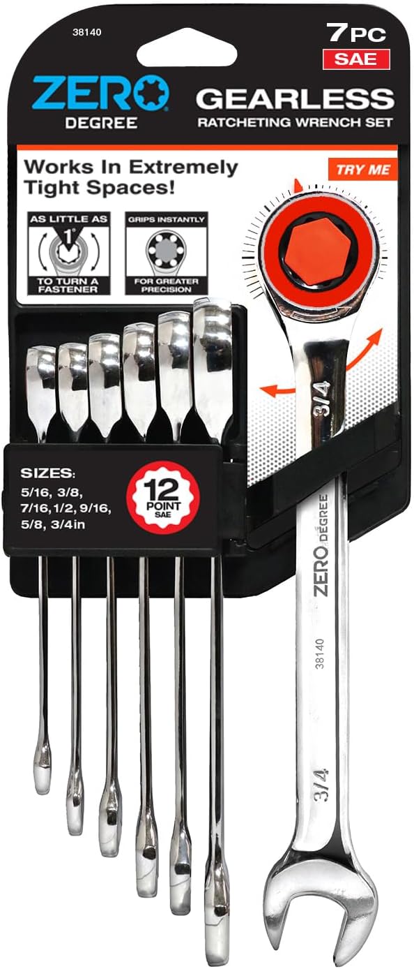 Zero Degree 38141 Ultra-Precise 7-Piece Gearless Ratchet Wrench Set – Nickel Plated High-Carbon Steel with ASME Certified Torque – Durable & Rust-Resistant – Perfect for Tight Spaces, Metric