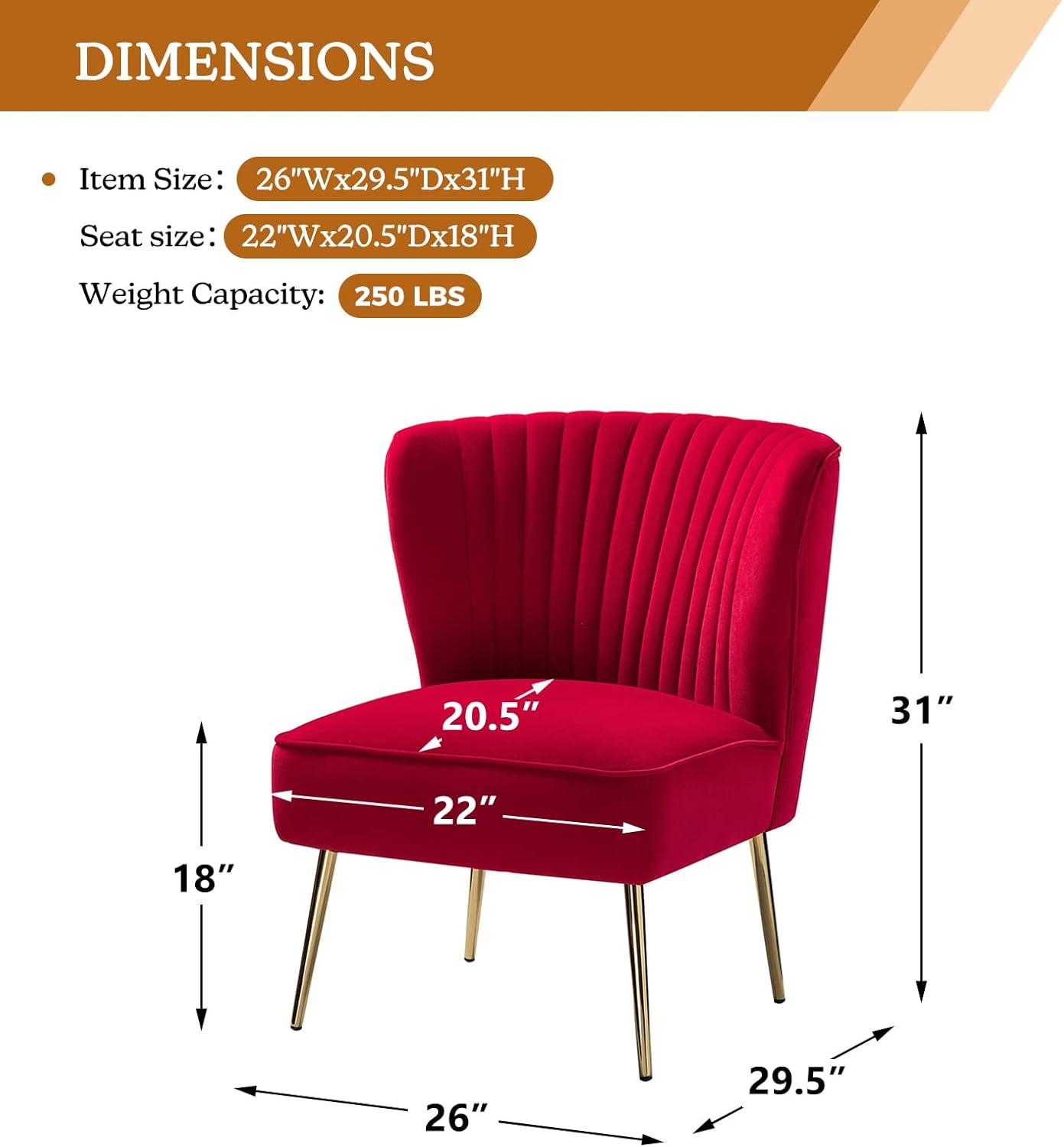 TINA'S HOME Velvet Accent Chair Set of 2 with Metal Golden Legs, Upholstered Armless Slipper Chair with Wingback, Mid Century Side Chair for Living Room Bedroom Makeup Vanity- Red