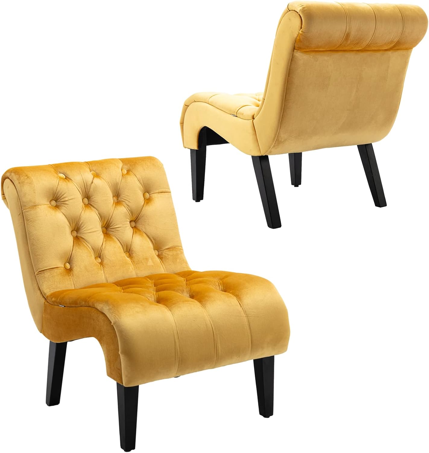 Comfy Velvet Accent Chair Set of 2, Upholstered Armless Side Chair for Living Room, Modern Small Lounger with Tufted Back and Rolled Edge Design, Comfy Chaise Lounge with Rubber Wood Legs, Beige
