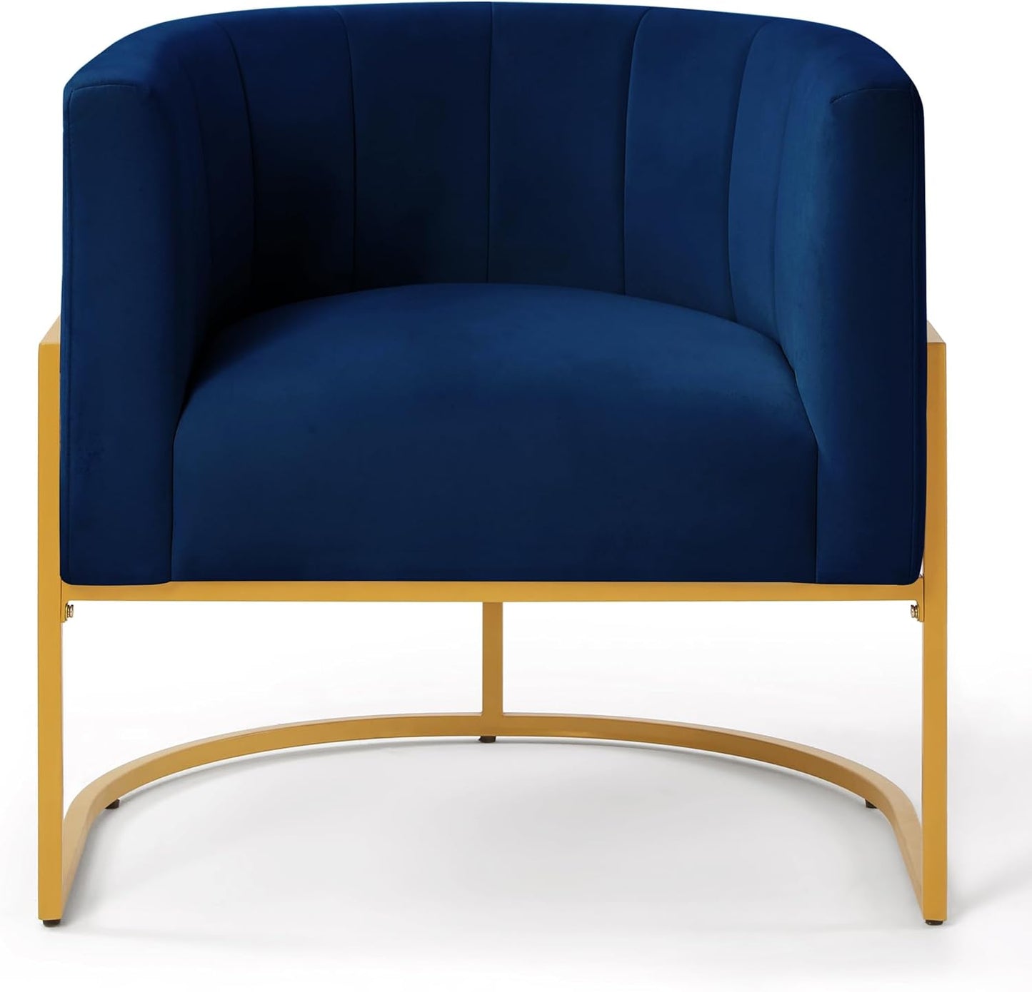 Velvet Accent Chairs, Mid Century Modern Upholstered Round Barrel Chair Metal Gold Stand Comfy Velvet Channel Tufting Armchair for Living Room, Bedroom, Office Easy Assemble (Navy Blue, Set of 2)