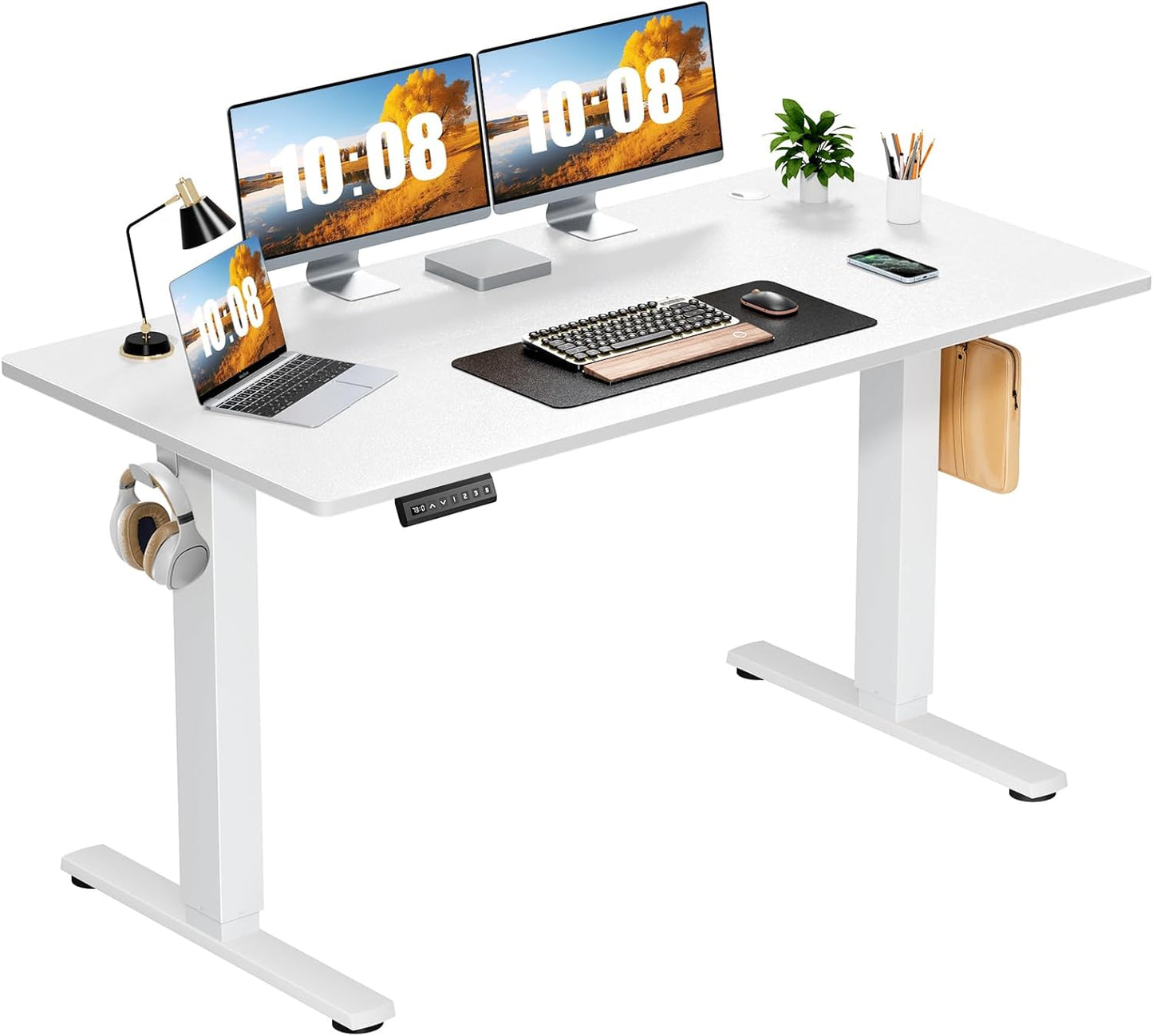 Sweetcrispy Electric Standing Desk Adjustable Height, 48x24 Inch Sit Stand Up Home Office Desks Computer Workstation PC Work Table with 3 Memory Preset Splice Wood Board Metal Frame, White