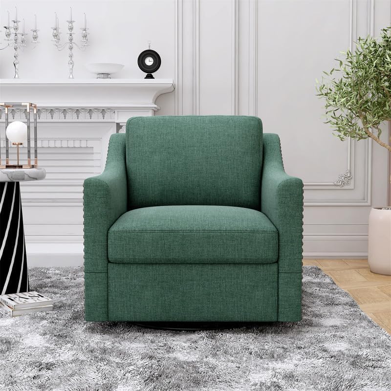 Swivel Accent Chair Armchair, 360° Swivel Chair in Cotton Linen, Living Room Chairs with Wide Cusion and Curved Armrest, Comfy Barrel Sofa Reading Chairs for Bedroom, Small Spaces, Office, Green