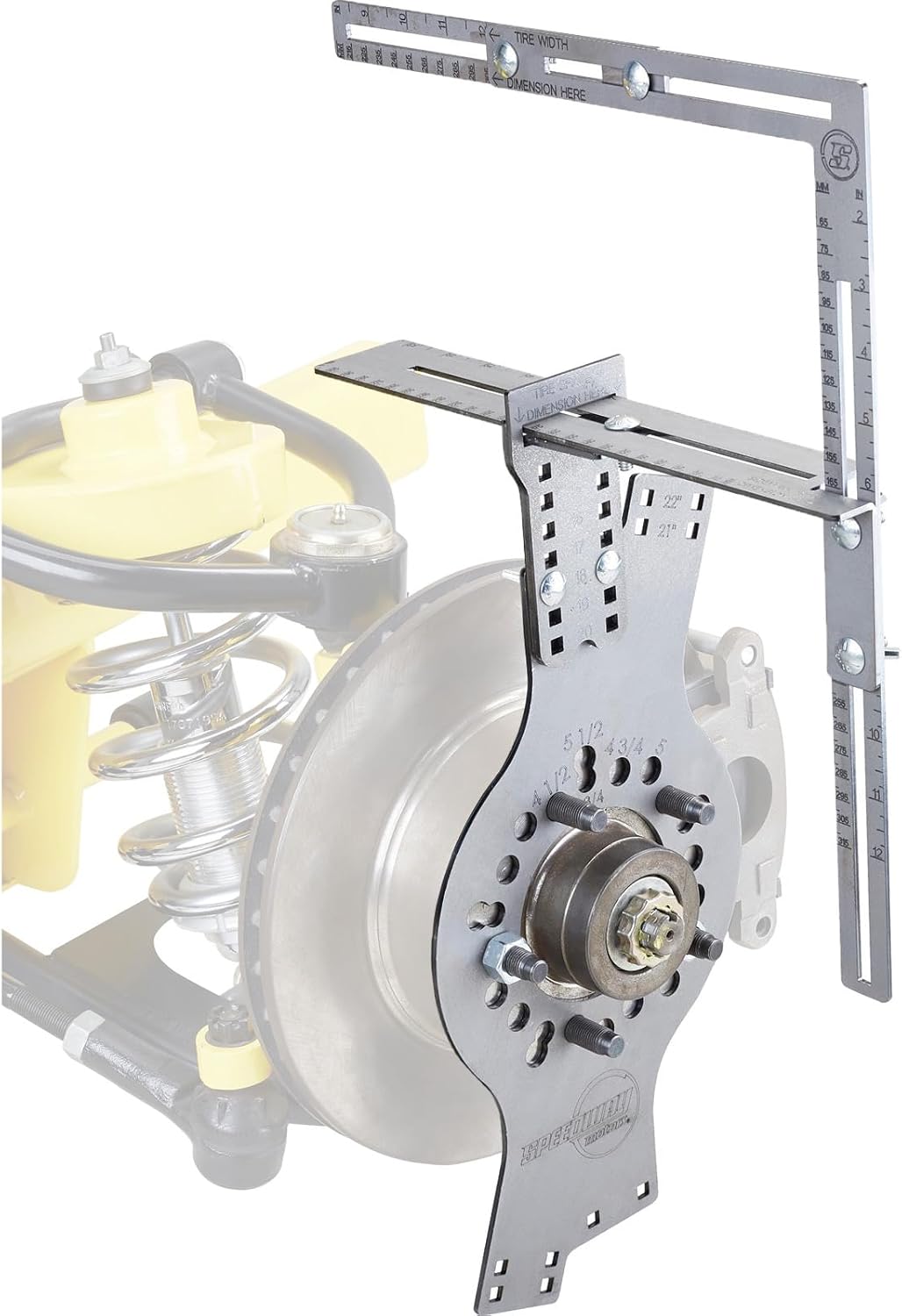 Speedway Motors WheelWise™ 8-Lug Wheel Fitment Tool with Tire Size Attachment, Simulates 14-22 Inch Rim Diameter, 8-14 Inch Tire Width, 2.5-11.5 Inch Sidewall, Laser Cut Steel