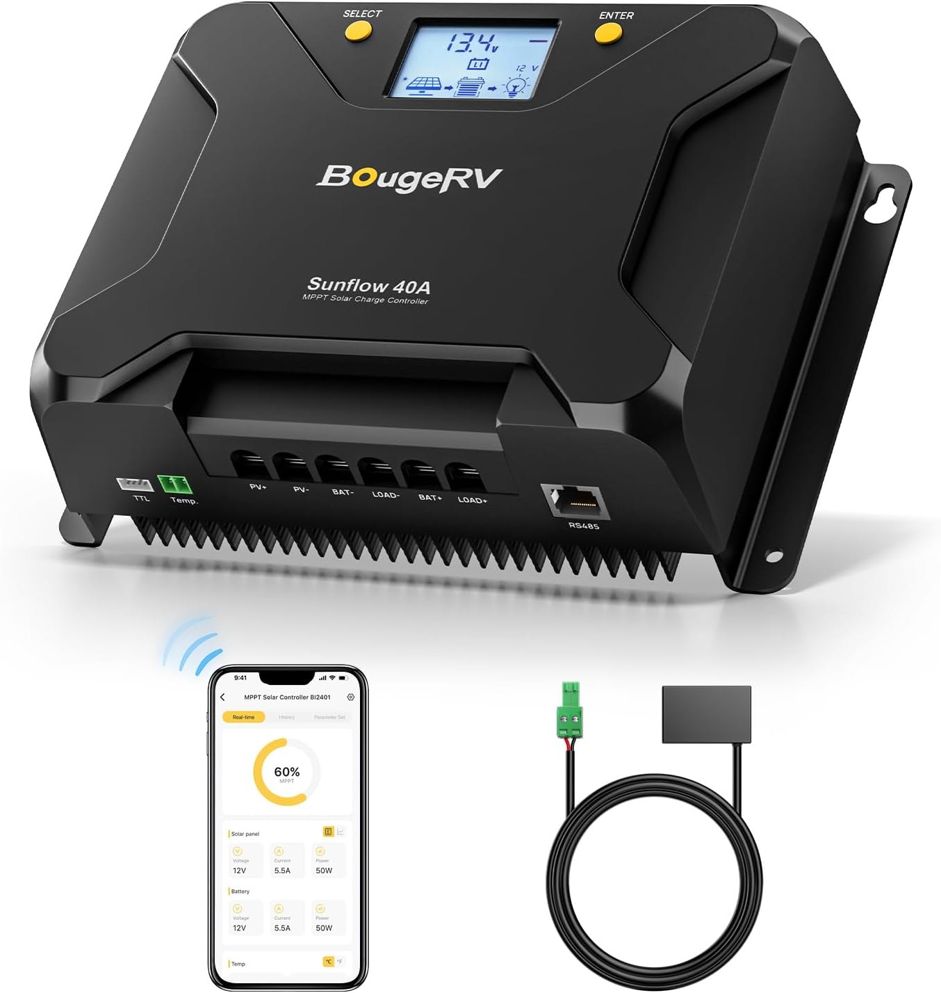 BougeRV MPPT Solar Charge Controller 30A, w/ Low-Temp Cut-Off, APP Control, Backlit LCD, 30 Amp Solar Panel Regulator 12V/24V for LiFePO4, SLD, Gel, FLD, AGM Battery, RV, Marine, Upgraded