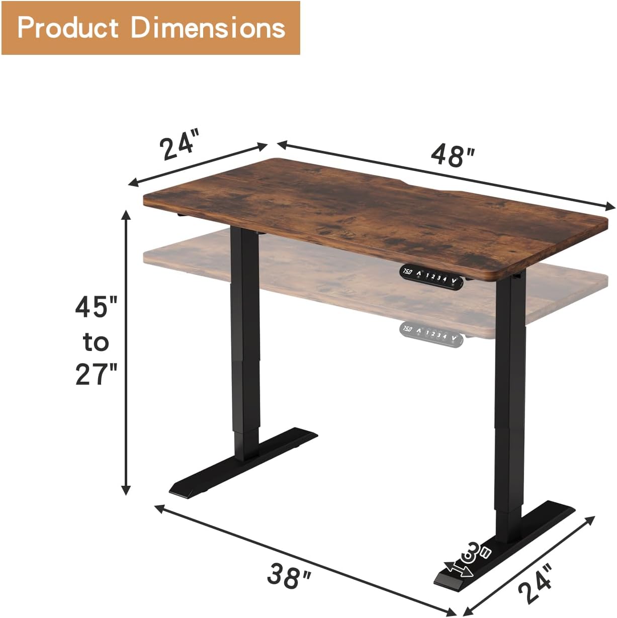 48 X 24 inch Electric Height Adjustable Standing Desk, Computer Table for Home Office Desk with Black Frame & Rustic Brown Top