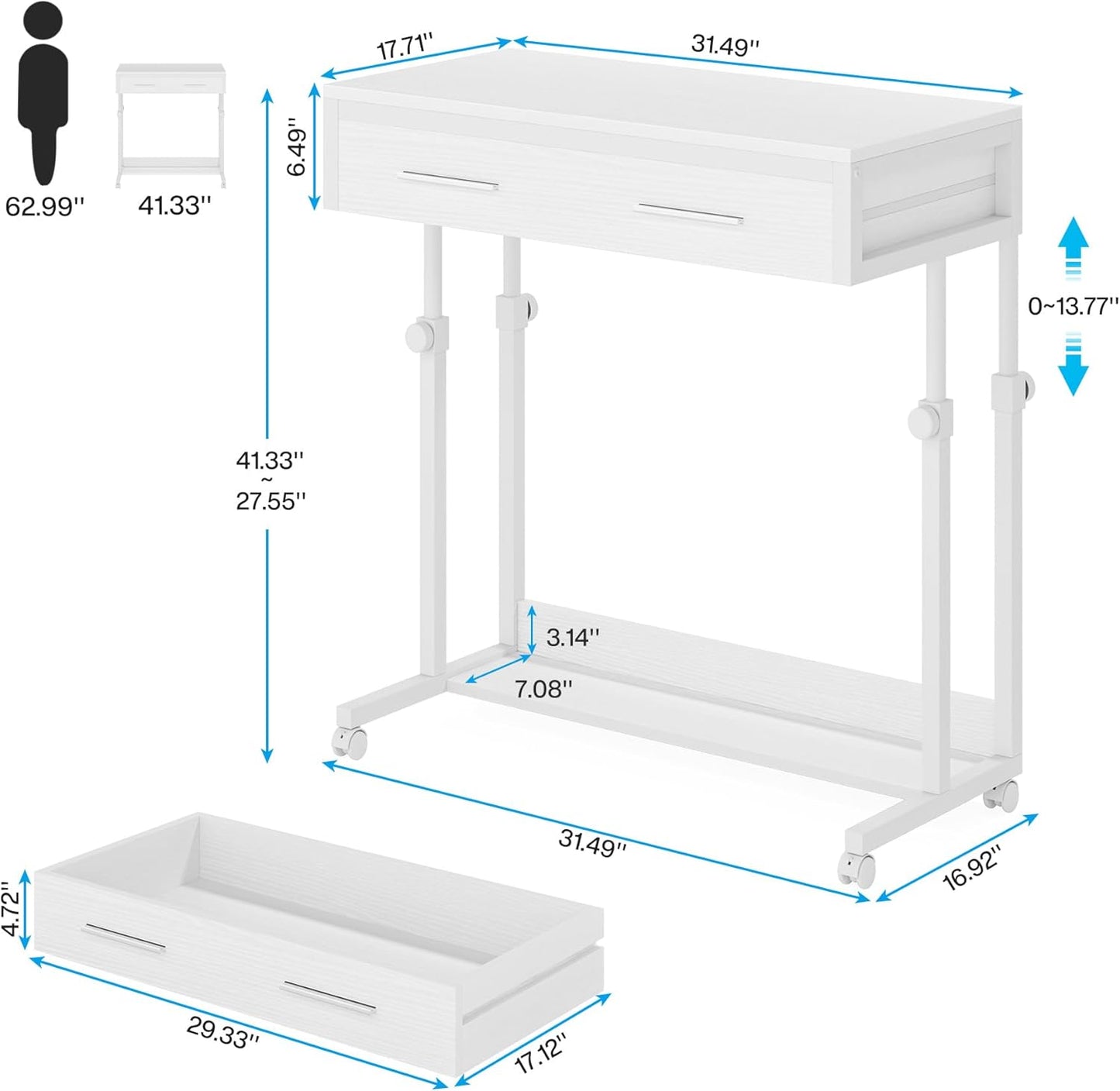 Tribesigns Portable Desk with Drawers, Mobile Laptop Desk with Wheels, Sofa Side Table Bed Desks, Small Standing Desk for Home Office (White)