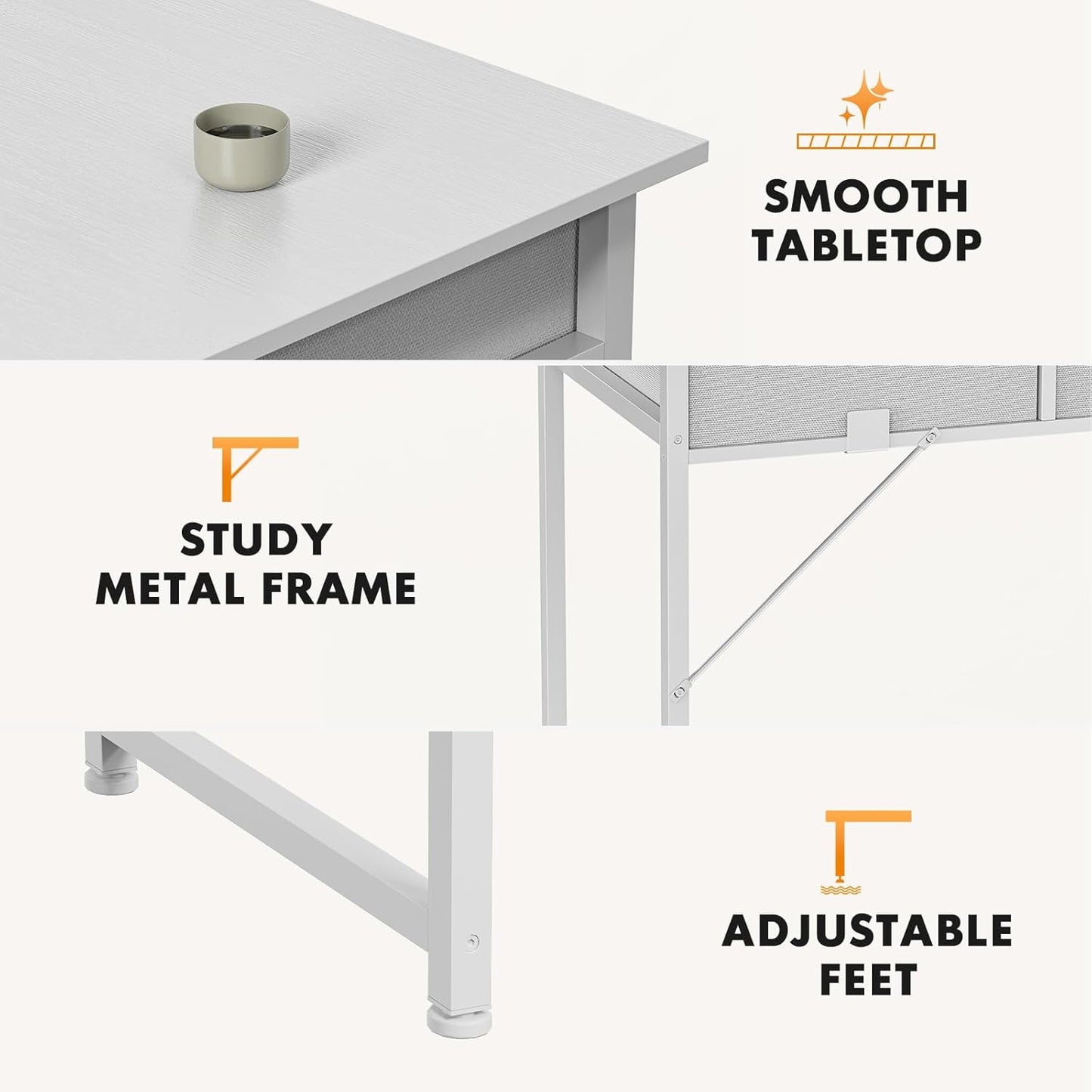 Sweetcrispy Small Desk with Fabric Drawers for Bedroom Home Office, 32 Inch Computer Gaming Desk Writing Study PC Table with Side Bag Headphone Hook Metal Frame Adjustable Feet,Pure White
