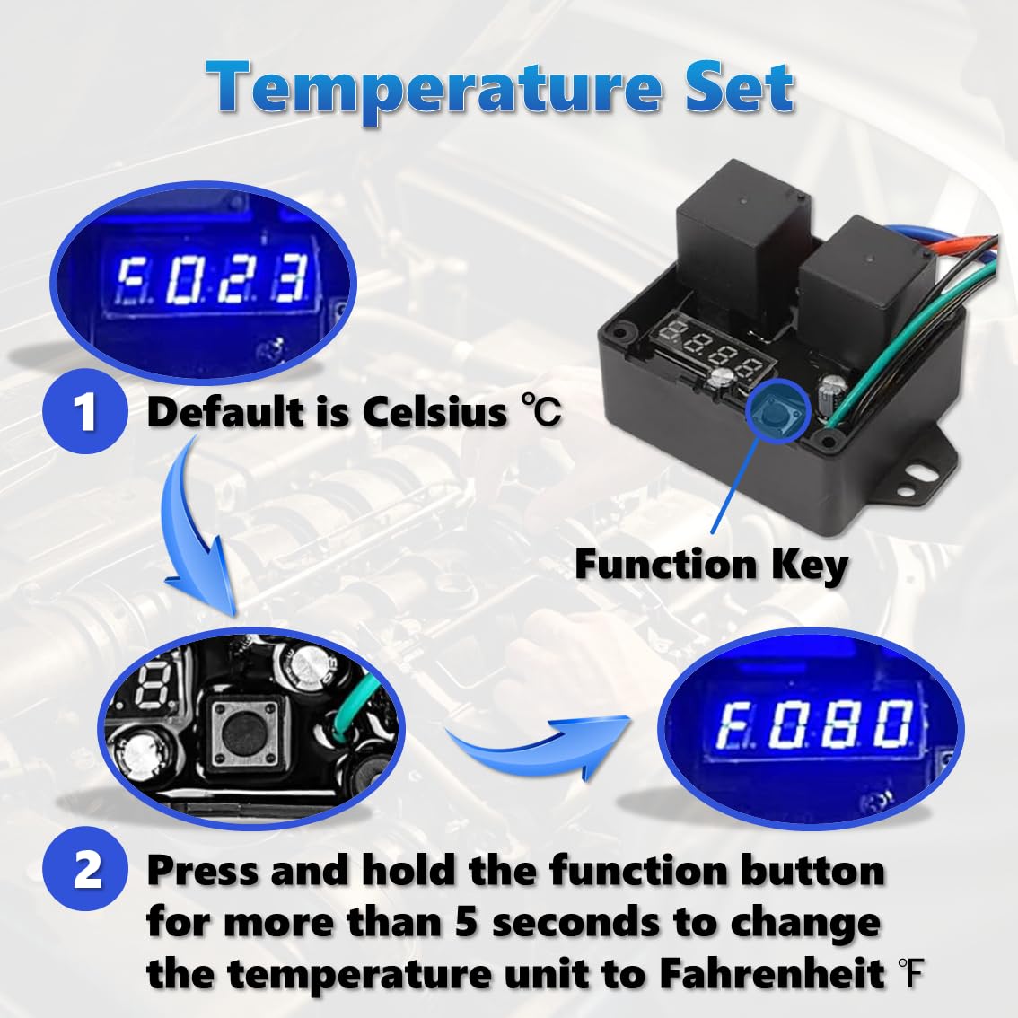 12V/24V Digital Electric Radiator Fan Controller Switch Kit with Adjustable Temperature Range (104-230°F), LED Real-Time Display, Thermatic Dual Fan Relay Kit for Automotive Systems (Part #0444)