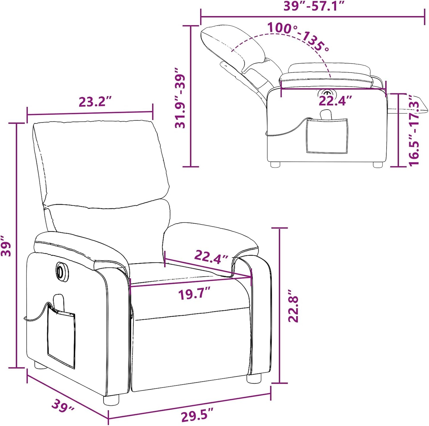 vidaXL Fabric Massage Recliner Chair for Living Room, Home Theater, 6-Point Vibration Massage, Adjustable Back & Footrest, Side Pocket, Cream
