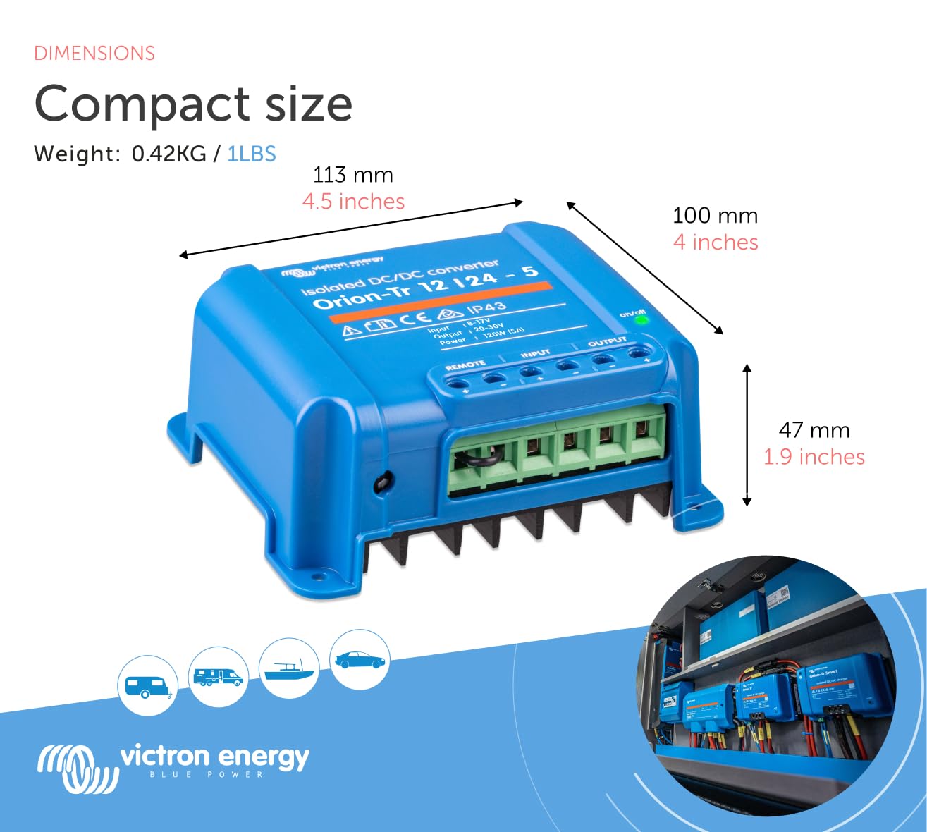Victron Energy Orion-Tr DC to DC Converter - 12/24-Volt 5 amp 120-Watt - IP43 Protected - for Dual Battery Systems - Isolated