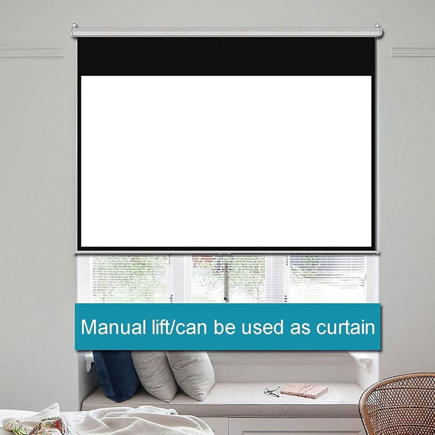 4:3/16:9 HD Manual Retractable Drop-Down Projector Screen, Wall-Mounted with Auto-Lock, for Home Theater, Office, Education(60inch 16:9)