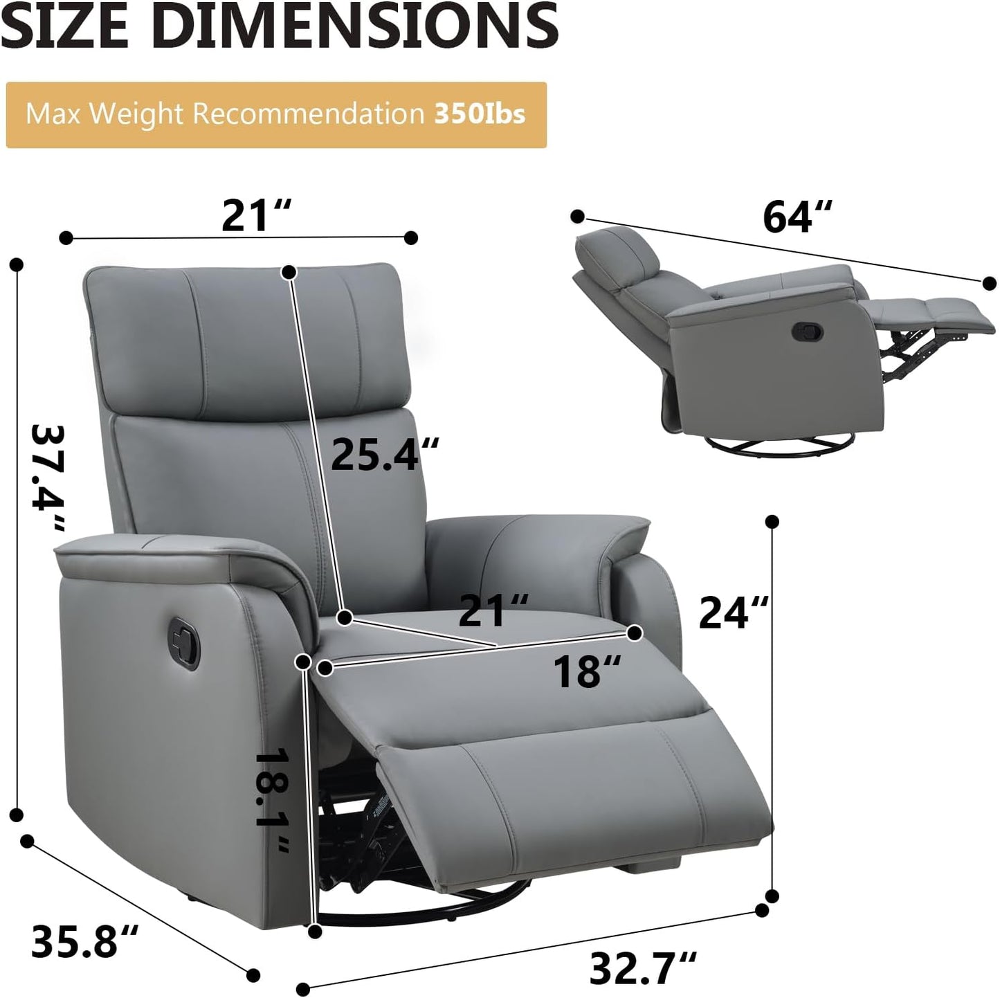ANJ Recliner Chair, Swivel Rocker Chair for Adults,Glider Recliner Nursery Chair, Leather Manual Lazy Boy Reclining Chairs for Living Room, Bedroom, Home Office
