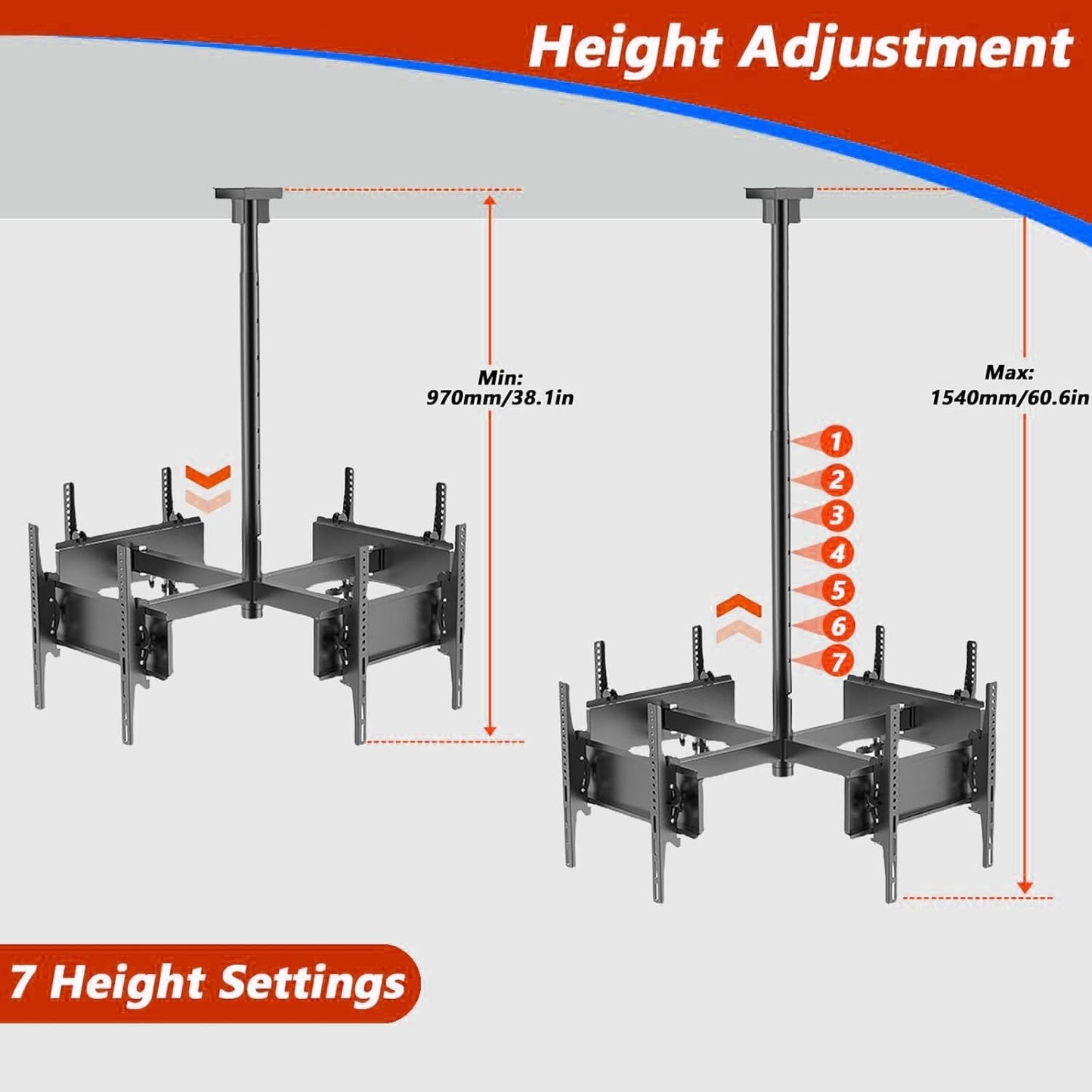 4 Sided Ceiling TV Mount Bracket - TV Wall Mount, 360 Degree Rotating Telescopic TV Lift, Height Adjustment TV Mount, 4-Way Moving Flat/Curved Screen Bracket