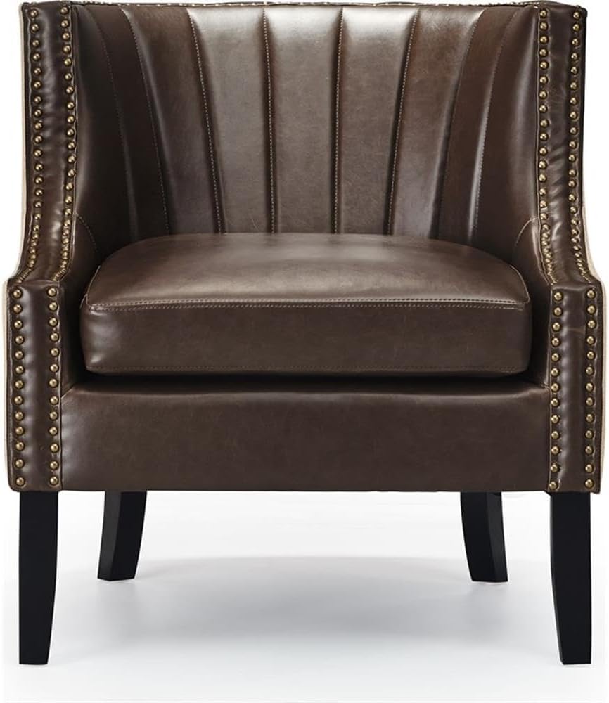 Tommy Hilfiger Dorset Leather Club Chair, Brass Nailhead Accent Trim, High Back Reading Armchair, Traditional Living Room Furniture, Chesterfield Brown