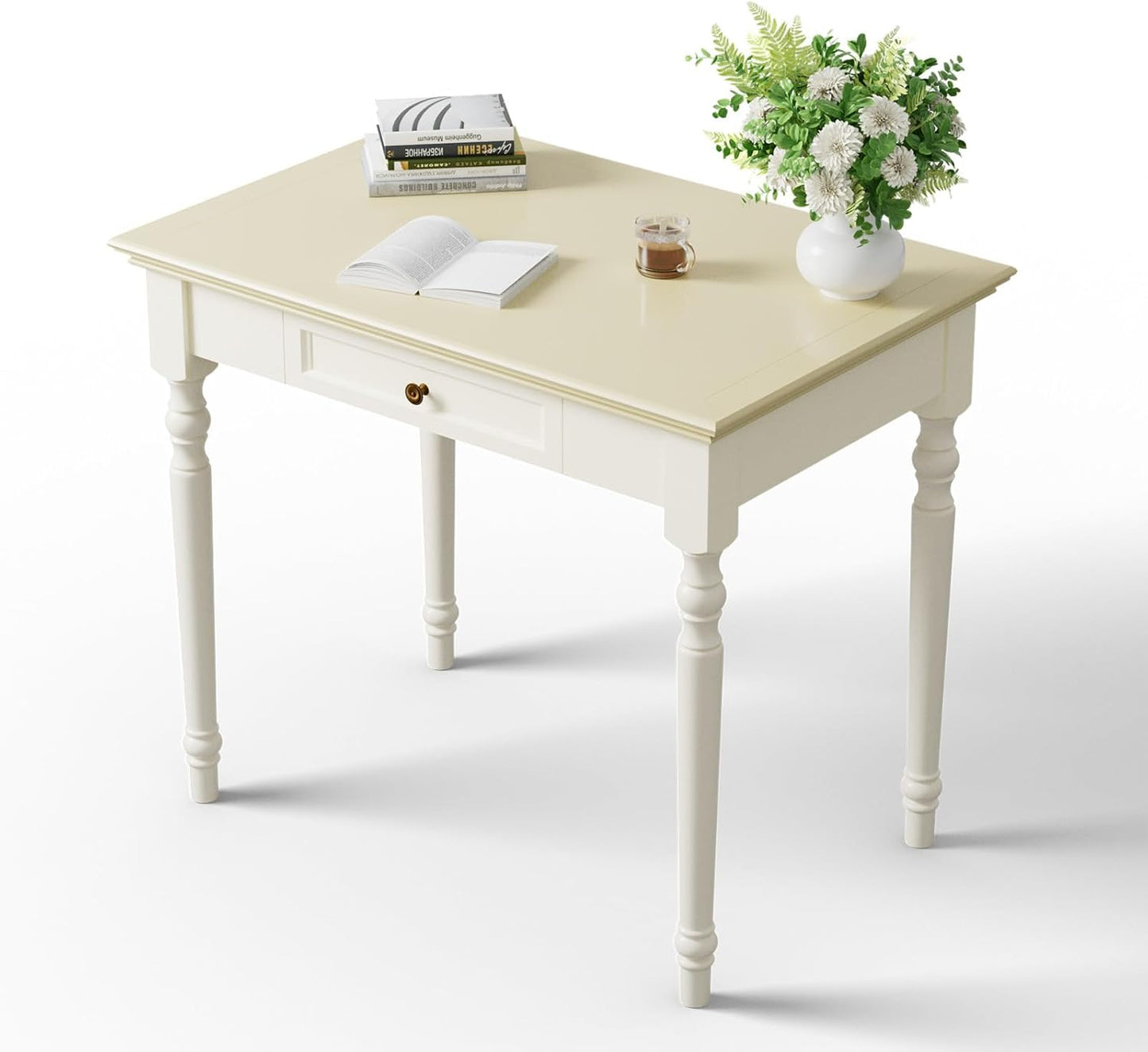ADORZ White Desk with Drawers, 47 Inch Home Office Desks Solid Wood Writing Desk for Home Office, Study Workspace or Bedroom