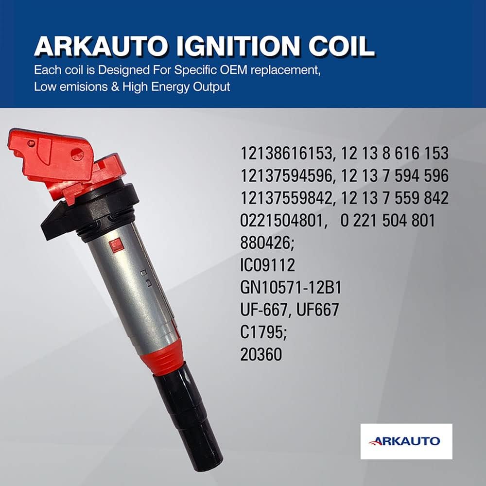 4PC ARKAUTO HIGH ENERGY RED TOP DELPHI TYPE IGNITION COIL UF667 12138616153 FOR MINI R55 R57 R56 R60 R58 R61 R59 1.6 N12 N16 BMW 1 2 3 4 5 SERIES X1 X3 X4 X5 X6 Z4 2.0 2.0T N43 N46 N20 E&F CHASSIS