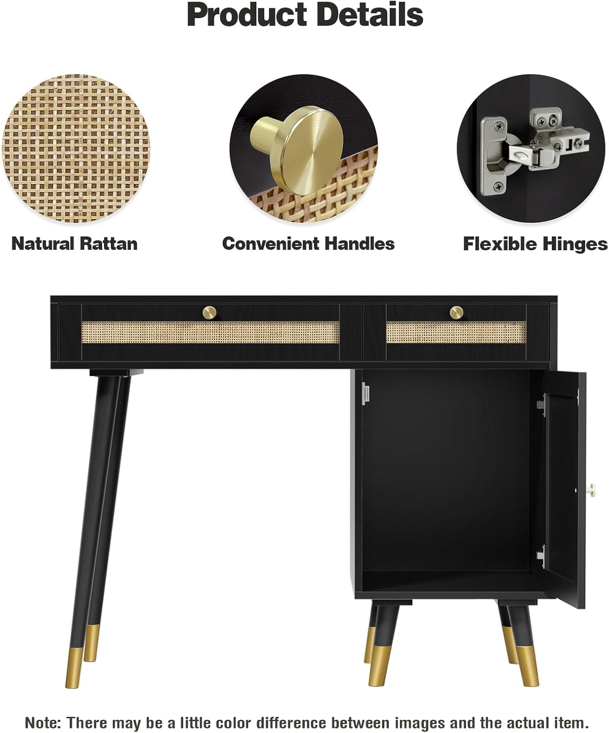 Anmytek Rattan Vanity Desk with Drawers and Storage, Black Makeup Vanity Table Modern Home Office Desk Computer Desk for Study D0005
