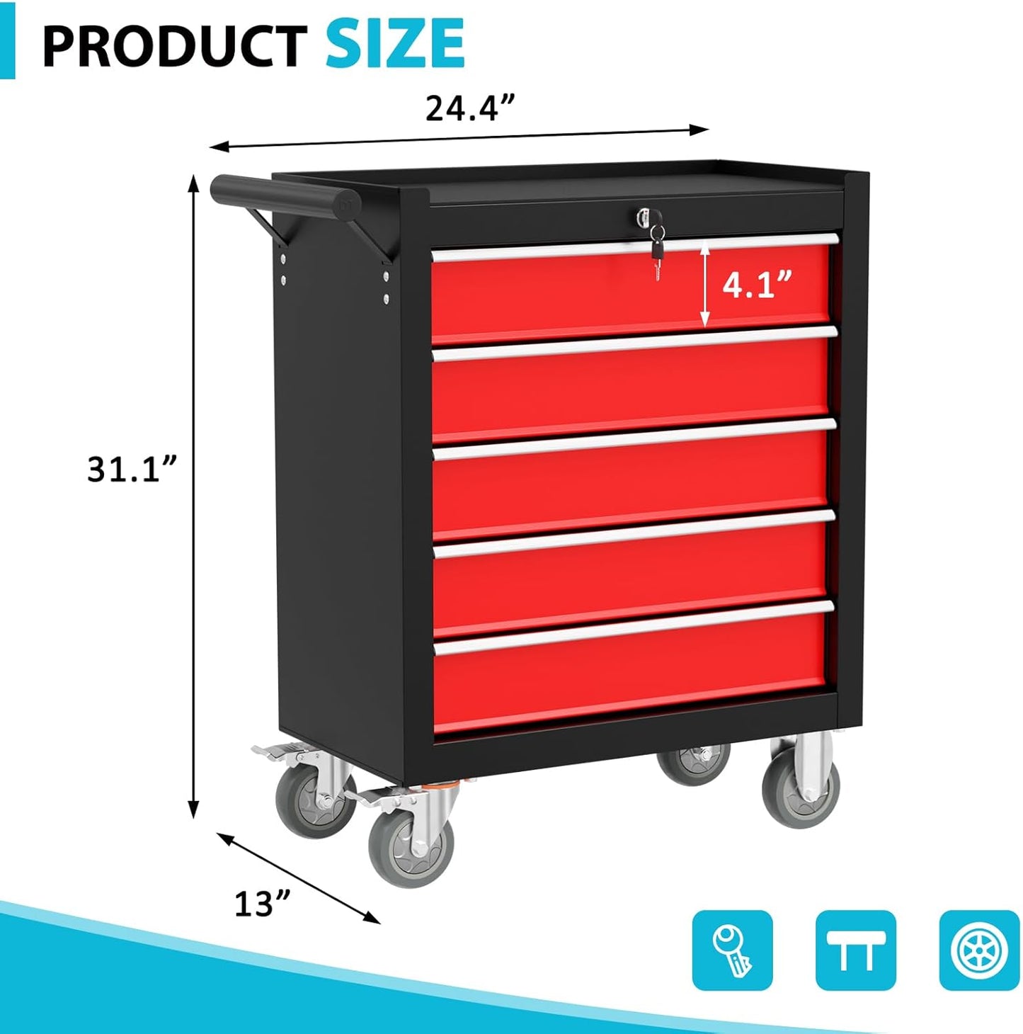 5 Drawers Rolling Tool Chest, Portable Storage Tool Box with Wheels, Rolling Tool Box with Lock for Warehouse, Garage, Repair Shop and Tool Room