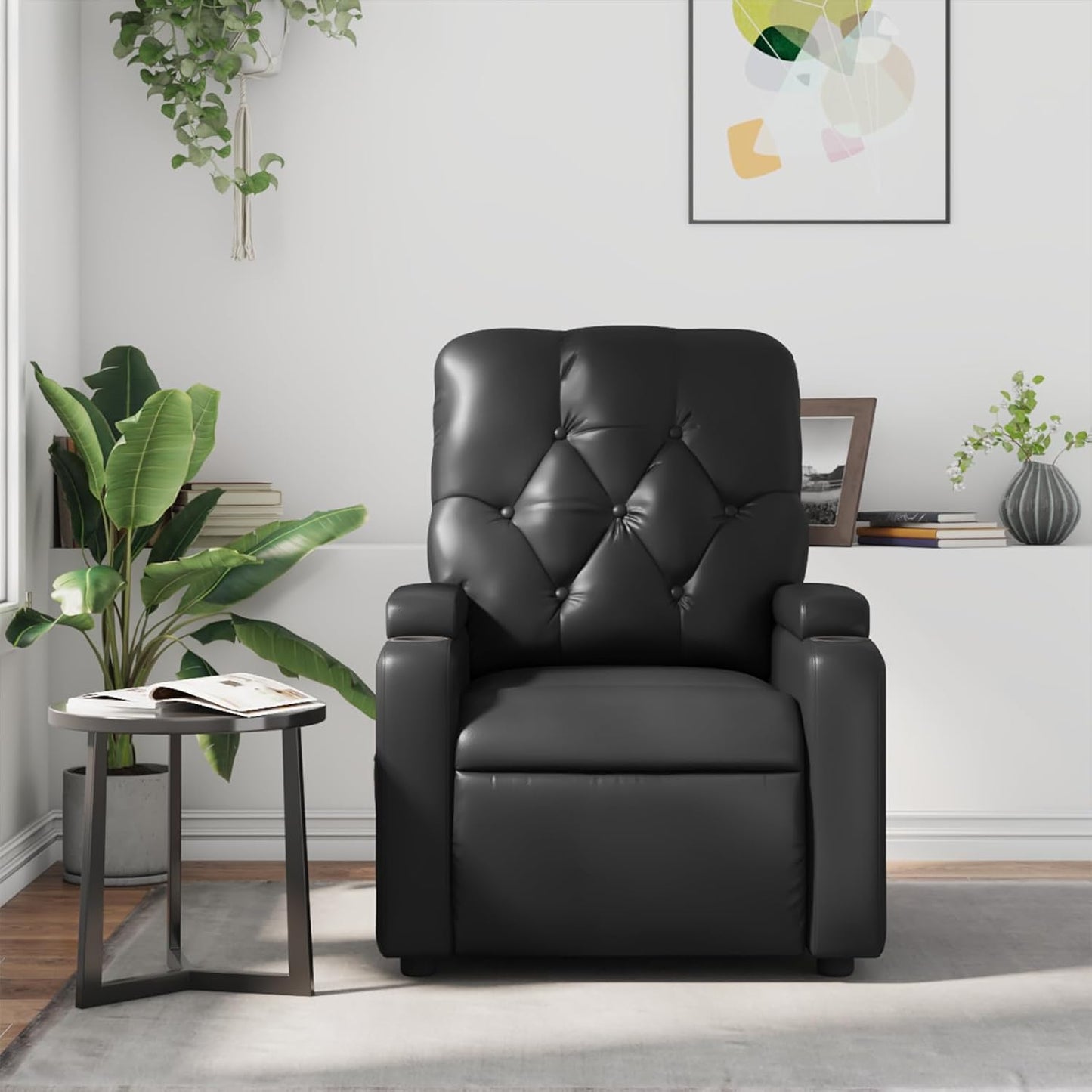 vidaXL Leather Massage Recliner Chair for Living Room, Home Theater, 6-Point Vibration Massage, Adjustable Back & Footrest, Cup Holders, Black