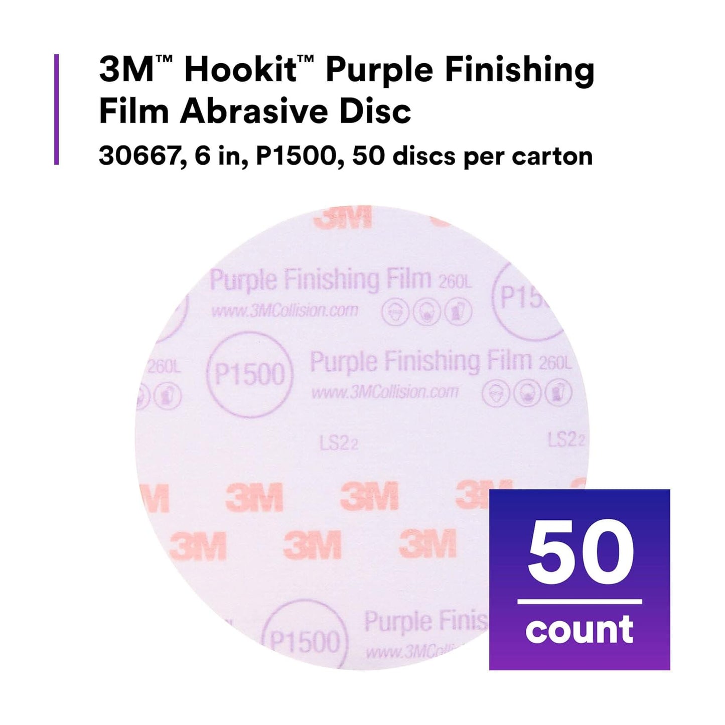 3M Hookit Purple Finishing Film Abrasive Disc 30667, 6 in, 1500+ Grade, 50 Pack, Clear Coat Sanding, Paint Finishing, Defect Removal, Long Lasting
