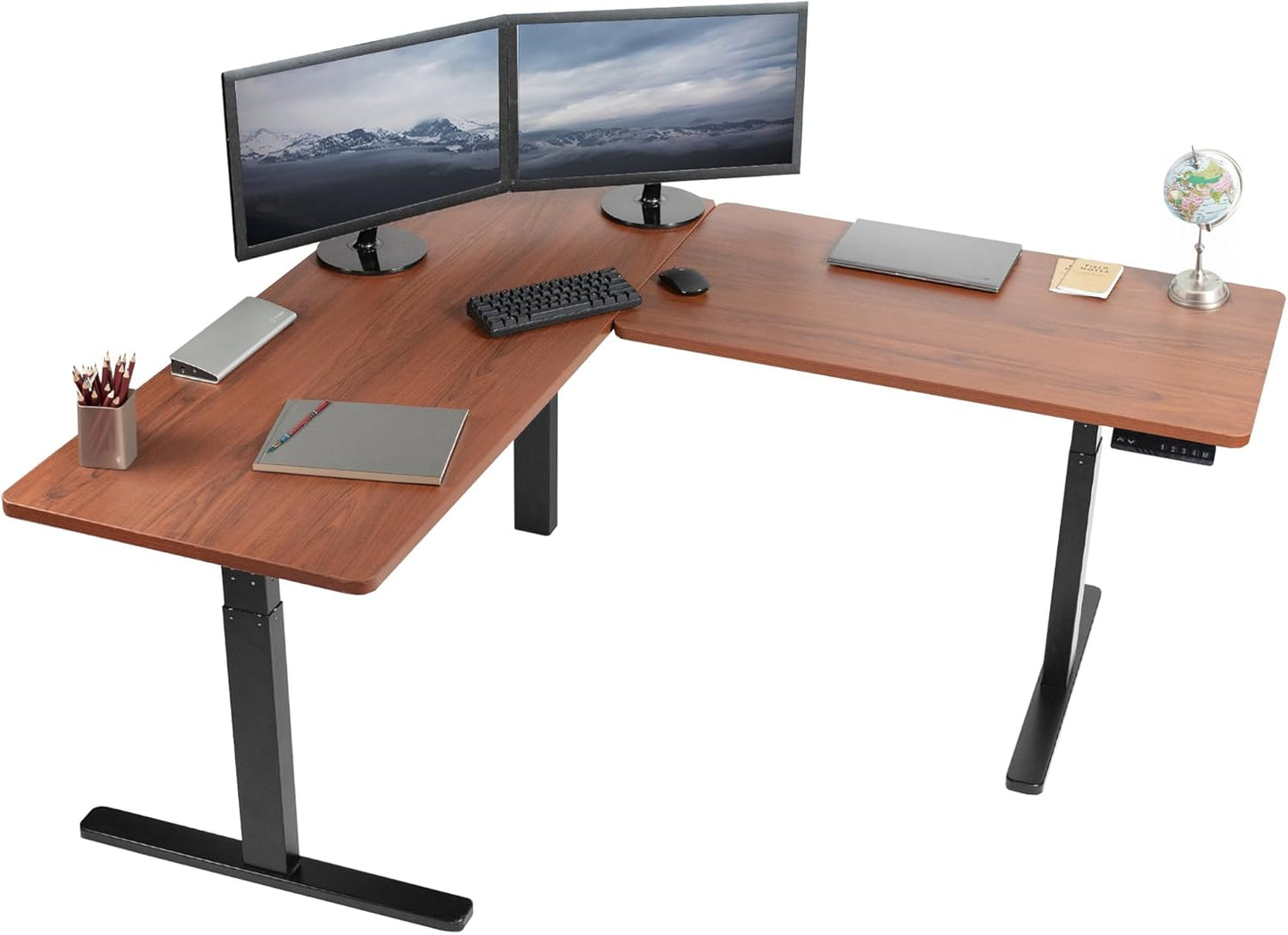 VIVO Electric Height Adjustable 83 x 60 inch Corner Stand Up Desk, 2 Light Wood Solid Table Tops, White Frame, Memory Controller, L-Shaped Workstation, 3E Series, DESK-KIT-3E8C