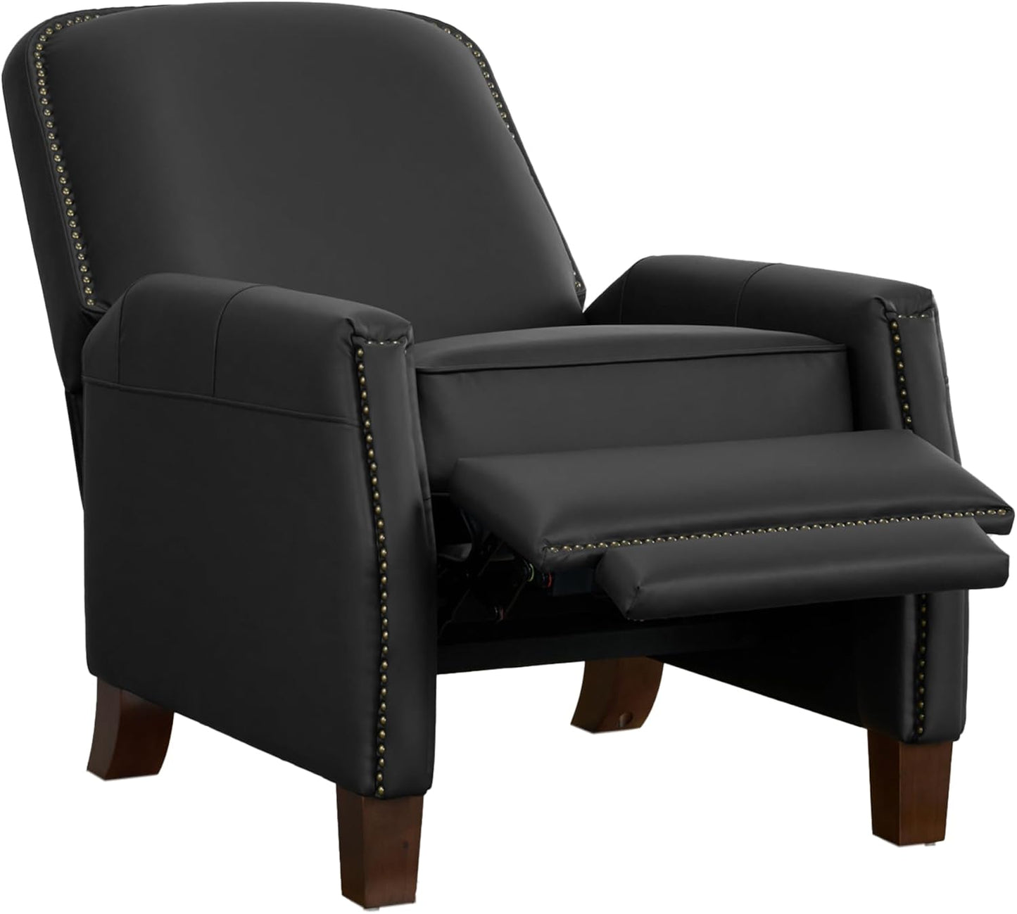 Simple Deluxe Mid-Century Modern Pushback Chair, Faux Leather Recliner Chair for Bedroom, Adjustable Single Upholstered Sofa with Brass Nailhead Trim, Recliners Armchair for Living Room, Black