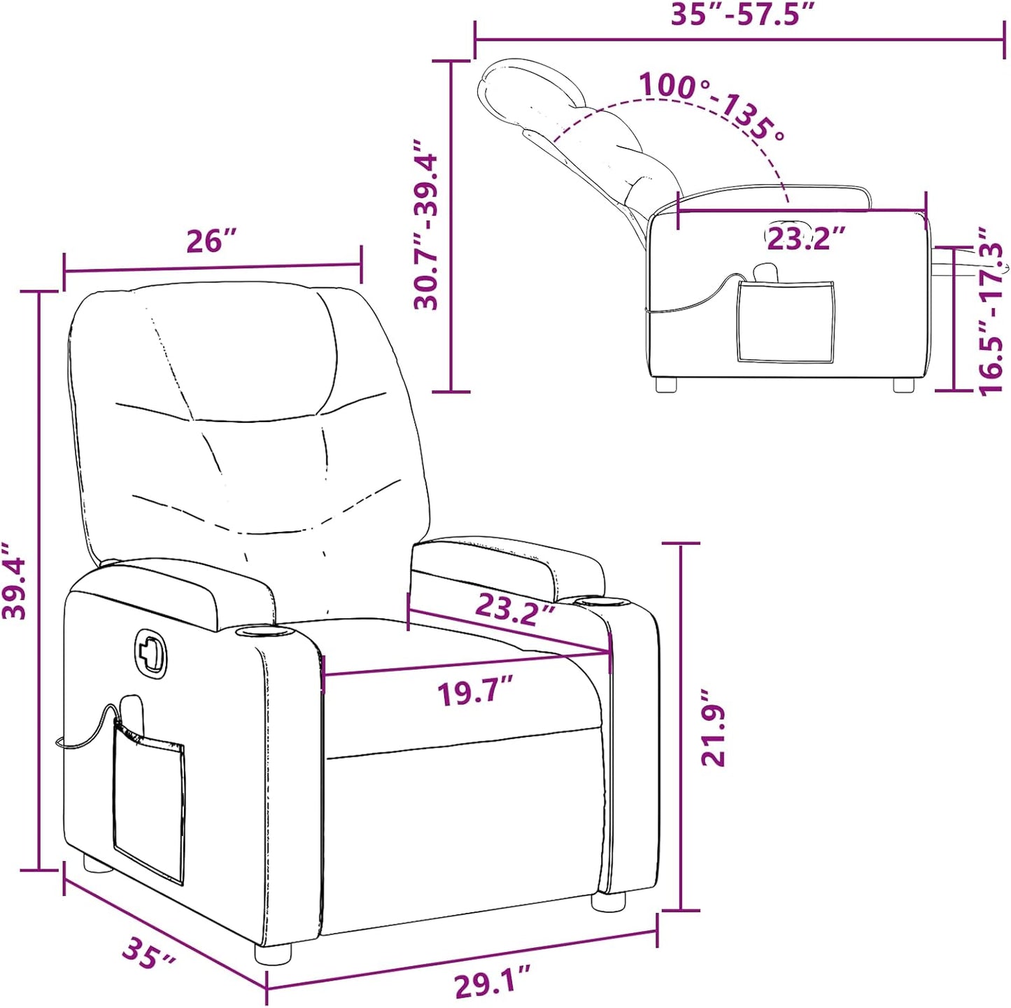 vidaXL Black Fabric Recliner Chair with 6-Point Vibration Massage, Adjustable Backrest & Footrest, Cup Holders, Side Pocket, Padded Seat, Perfect for Living Room or Home Theater Seating