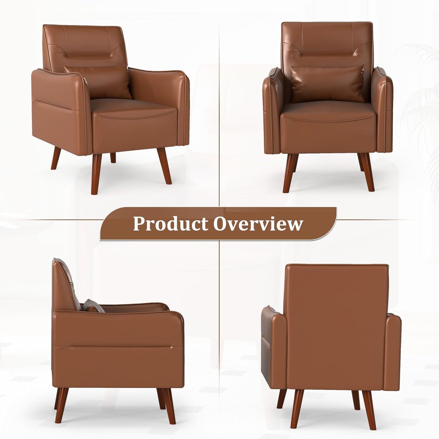 Bonzy Home Mid-Century Modern Faux Leather Accent Chair Set of 2 for Living Room,Upholstered Armchair with Pillow and Solid Wood Legs, Comfortable Lounge Chair for Bedroom or Office,Brown