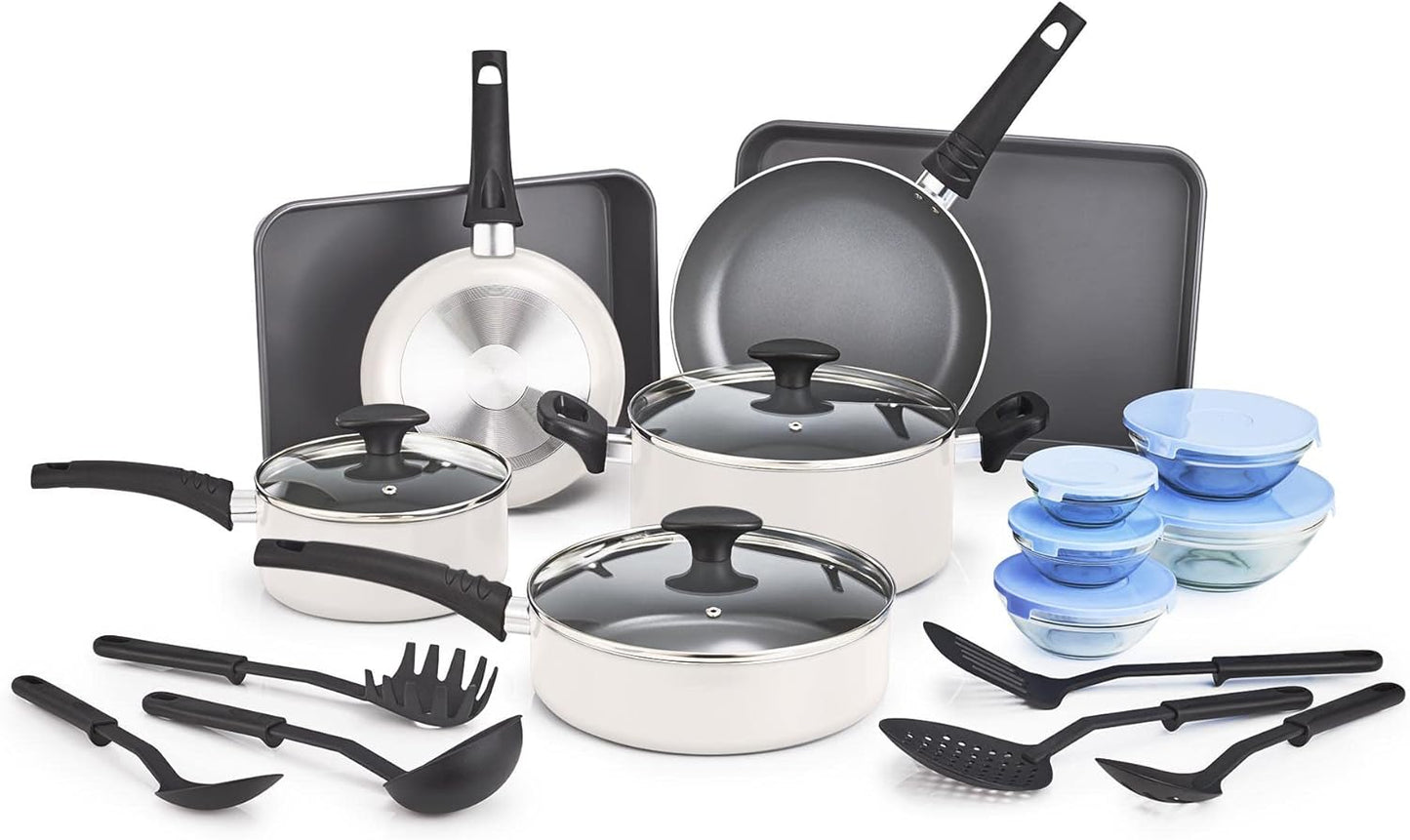 bella Cookware Set, 12 Piece Pots and Pans with Utensils, Nonstick PFOA Free Scratch Resistant Cooking Surface Compatible with All Stoves, Nylon and Aluminum, Black