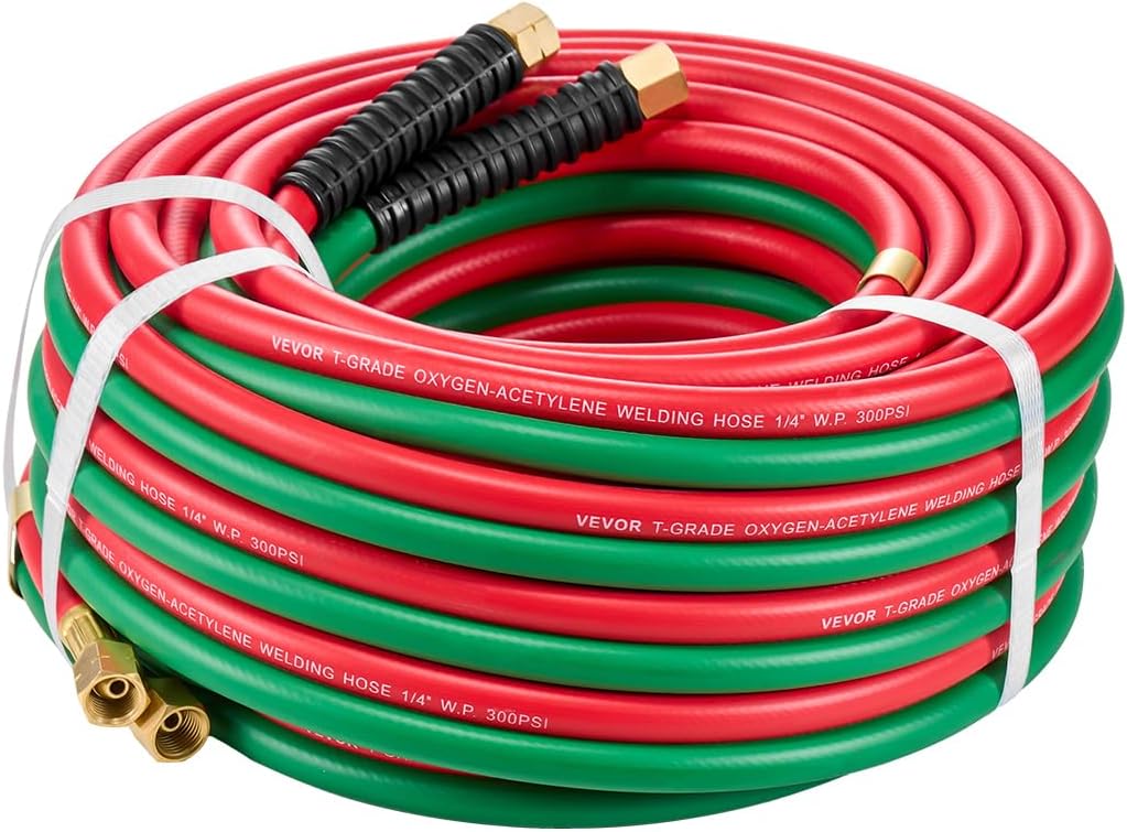VEVOR Oxygen Acetylene Hose, 1/4-Inch x 100FT Oxy Acetylene Hose with 9/16"-18 B Fitting, 300PSI T Grade Welding Cutting Torch Twin Hose, Compatible with Oxygen, Acetylene,Propane and Other Fuel Gases