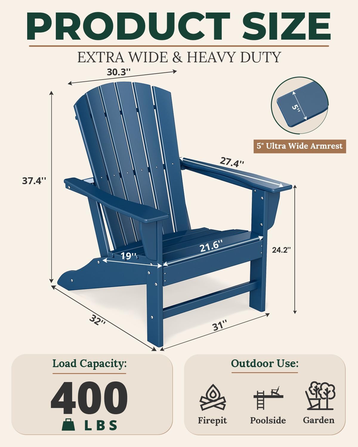 BRIOPAWS Adirondack-Chairs-Set of 4 | Fire Pit Chair | Oversized | HDPE Plastic | Weather Resistant | for Deck Outdoor Poolside Campfire | Blue